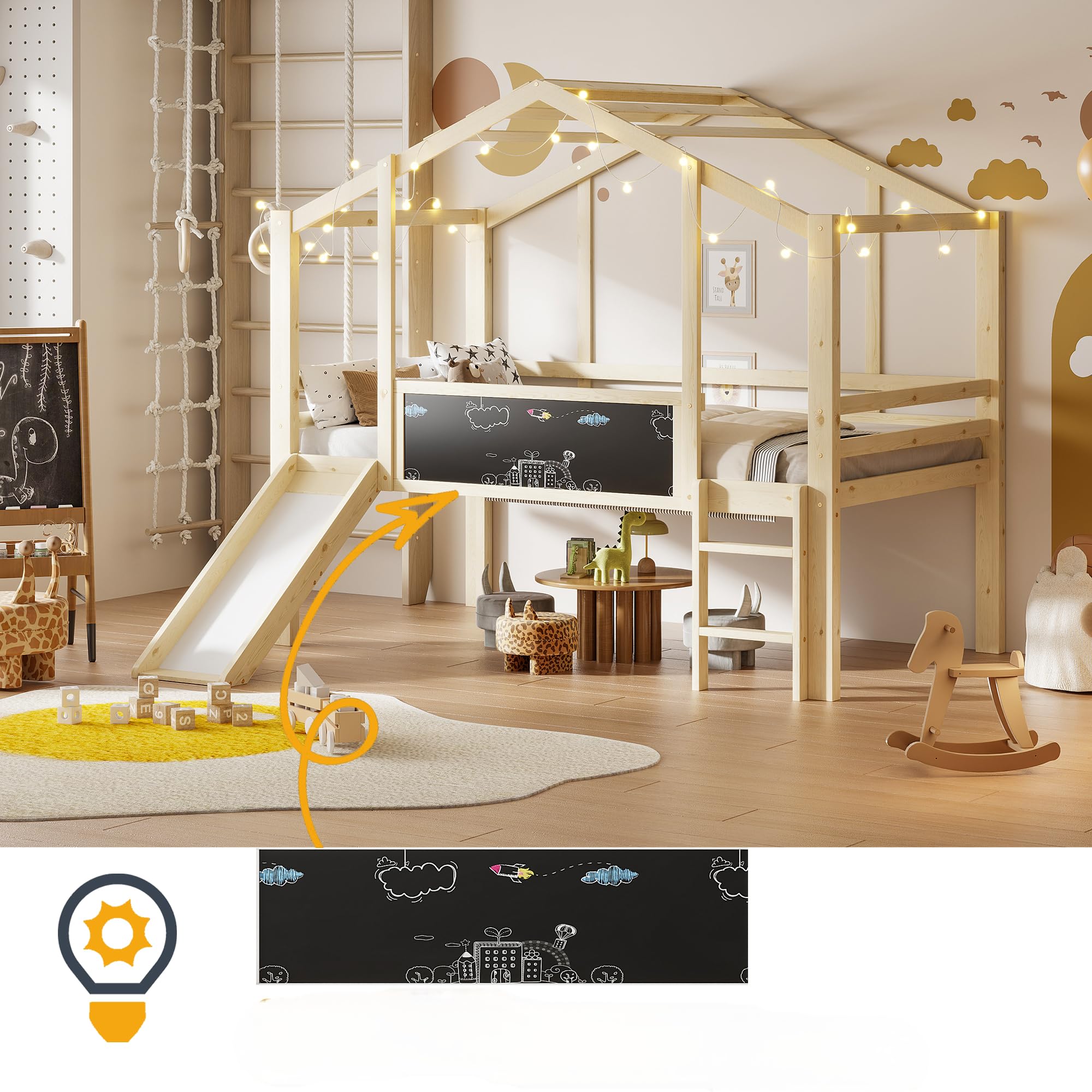Łóżko na poddaszu 1-osobowe 90 x 200 cm drewno naturalne łóżko z litego drewna ze zjeżdżalnią, czarna drabina, rama łóżka i łóżka z listwami do sypialni nastolatka