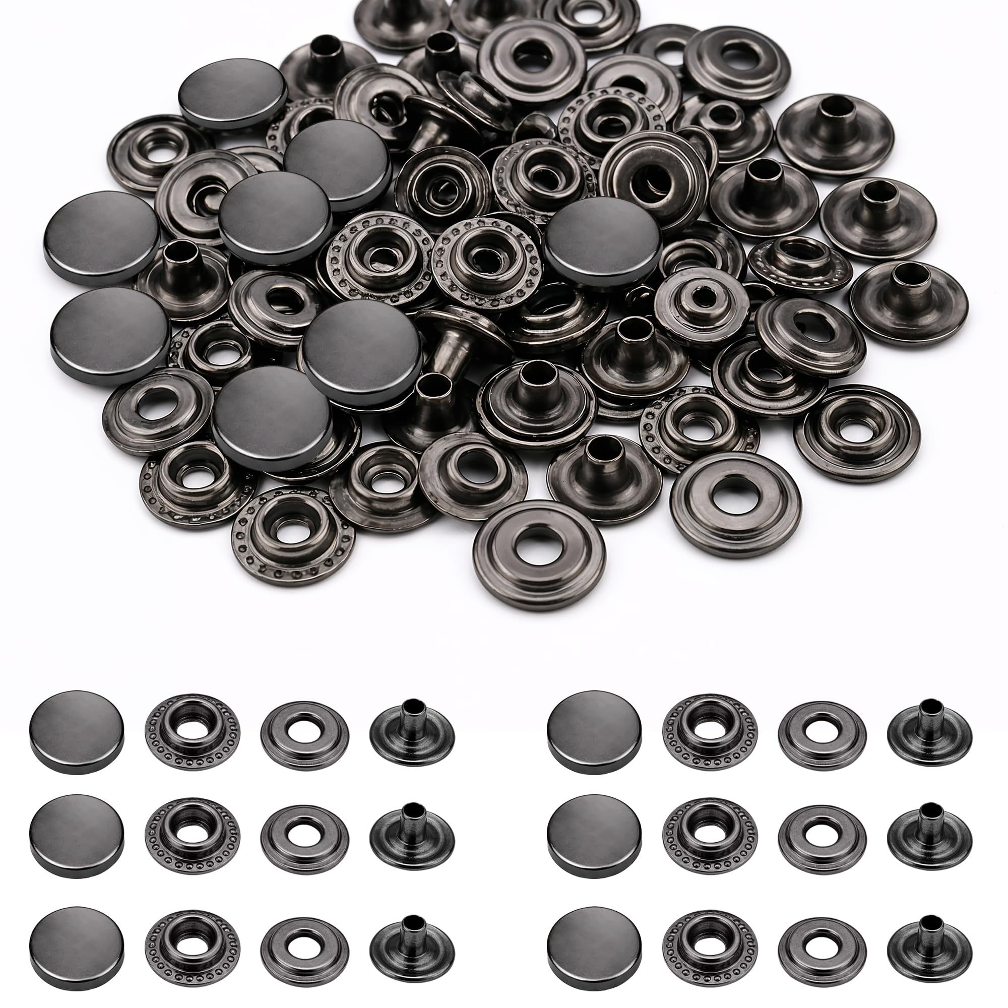 Trimming Shop Press Studs 4 Part Snap Fasteners – Alloy Cap Metal Snap Buttons for Leathercraft, Clothing Repair, Jackets, Bags & DIY Sewing Projects (12.5mm, Gunmetal, 20pcs)