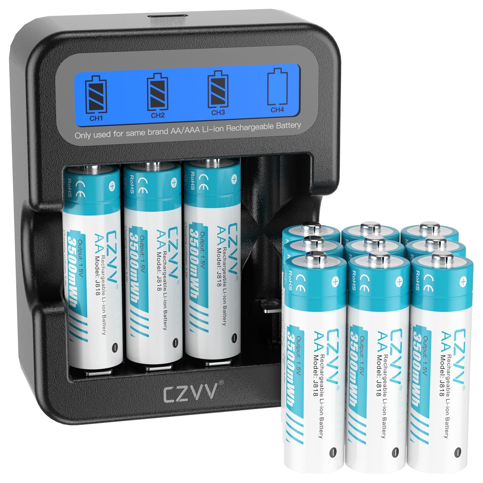 czvv AA Rechargeable 1.5V Batteries with Black LCD Fast-Charger (Pack of 12)