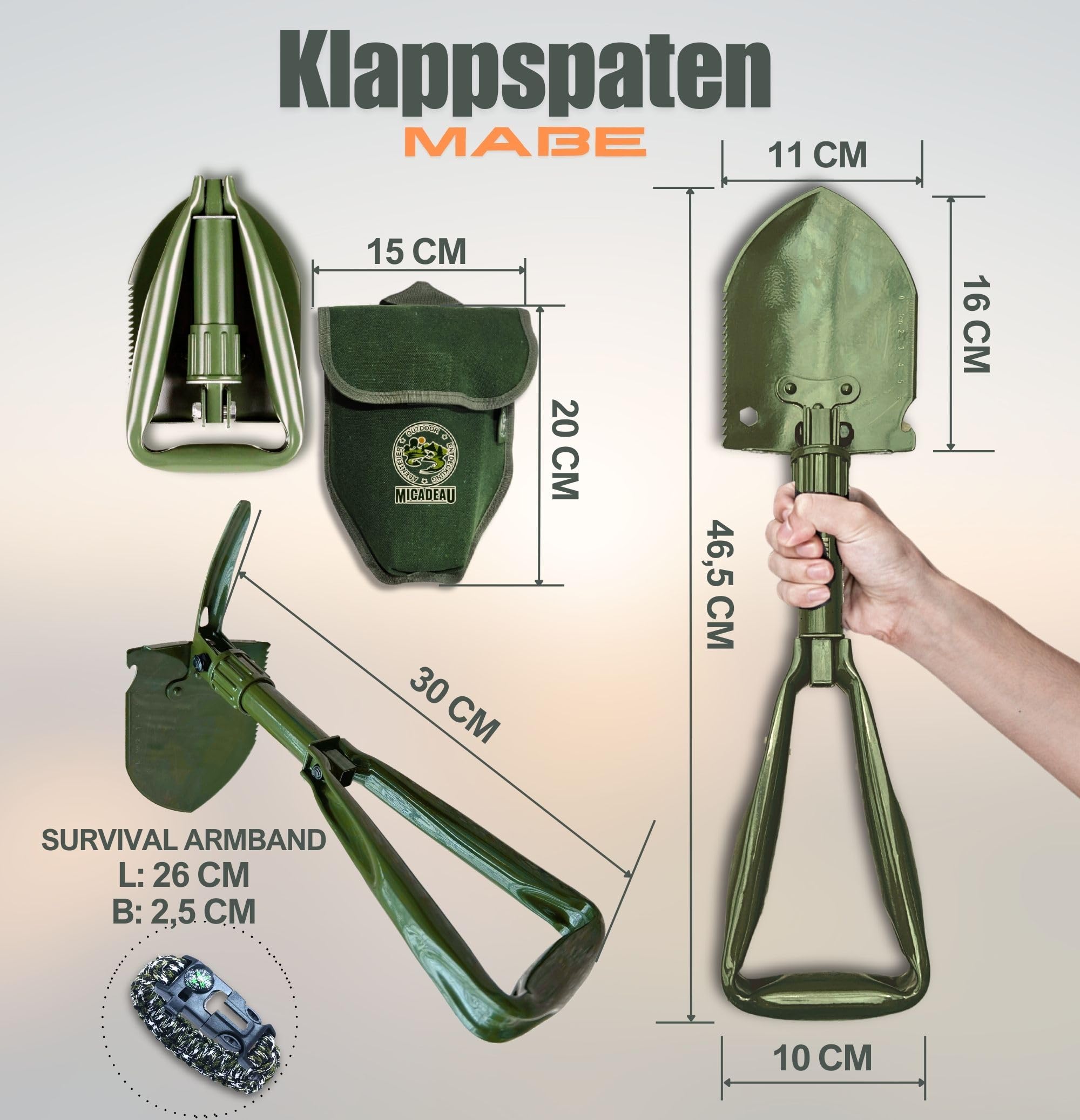Pala plegable de camping, regalo para hombres para cumpleaños, pala de jardín, pala de acero al carbono resistente, regalo para papá para el día del padre, regalo del día del padre (oliva-46)