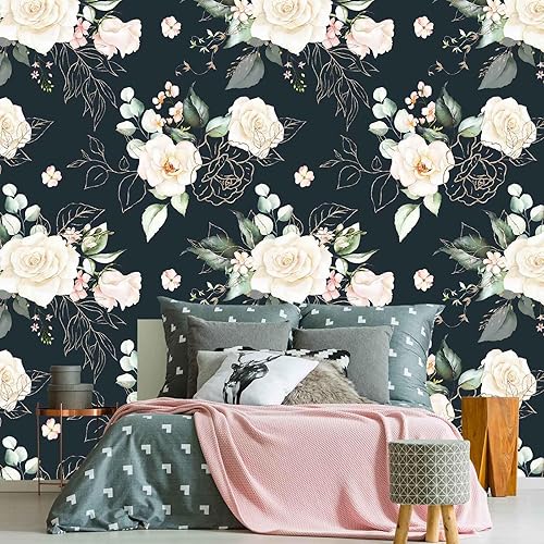 Miniatura 5 de BaoHArtHome Papel tapiz floral para despegar y pegar, papel de contacto extraíble, hojas de oro negro, bohemio, fácil de despegar, autoadhesivo,