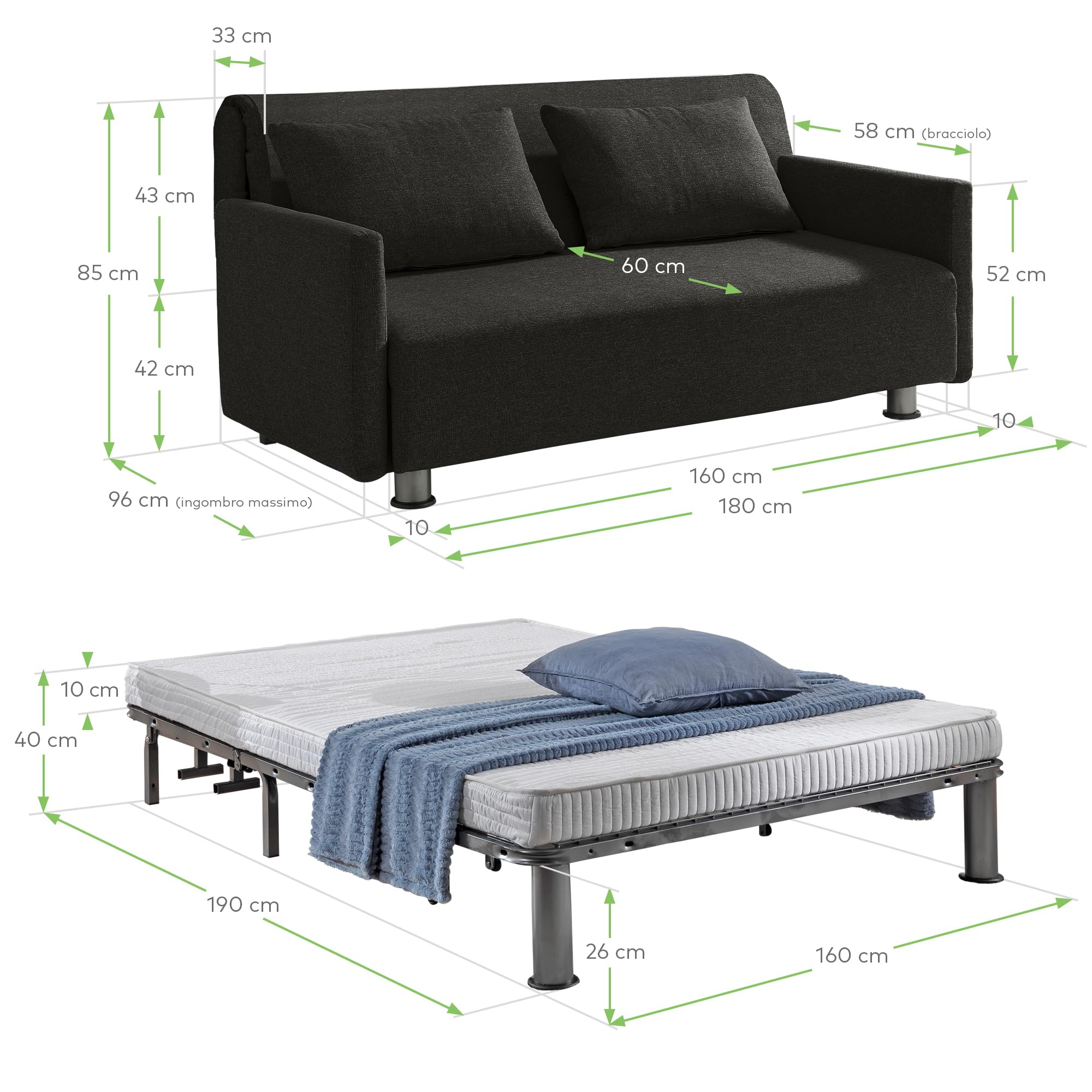 EVERGREENWEB Divano Letto 3 Posti con Materasso Matrimoniale 160x190 Ortopedico Prontoletto RICHIUDIBILE 2in1 Rivestimento Antracite SFODERABILE Braccioli Slim Coppia Cuscini SUPERSOFT Inclusi | EDITH
