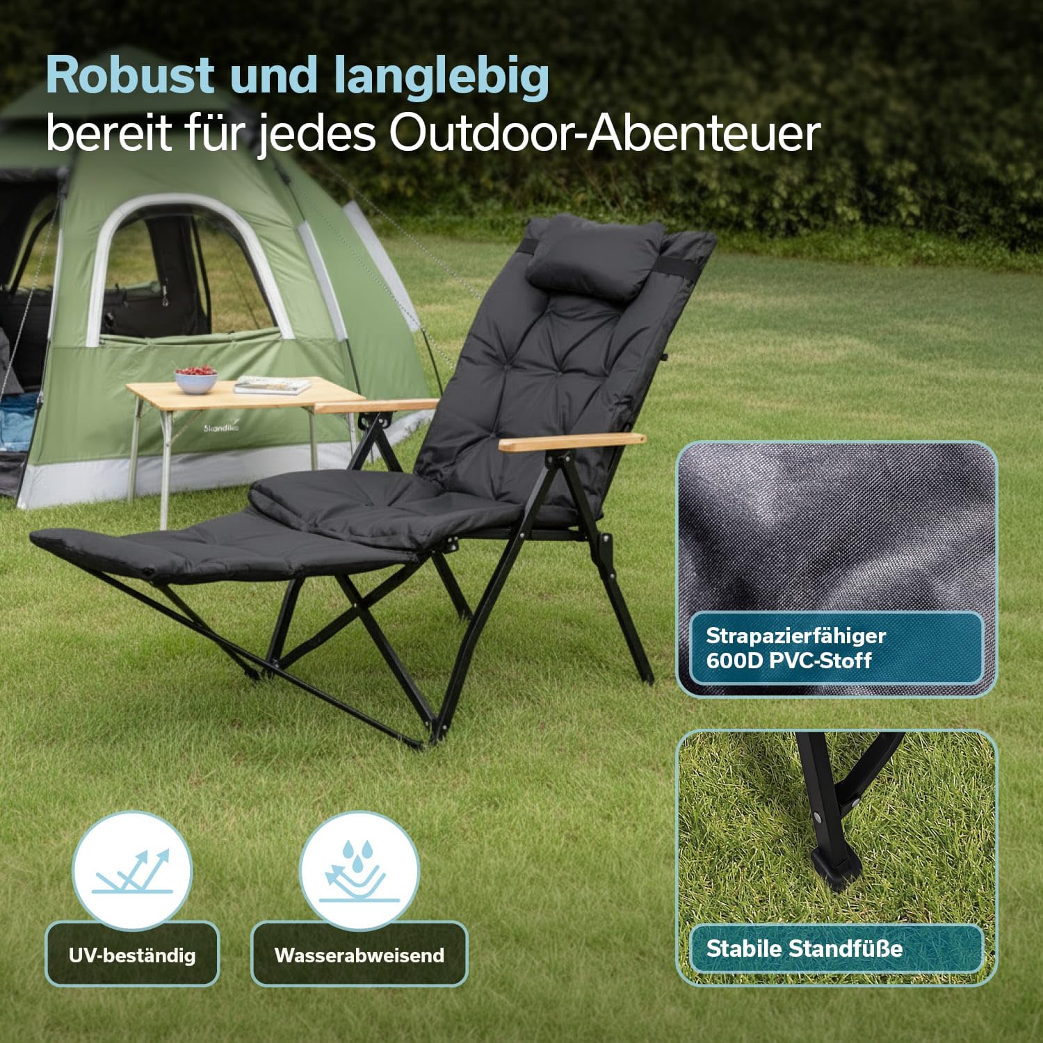 Skandika Campingstuhl Nojata Plus | Hochlehner faltbar, mit Fußablage & Kissen, 3-Fach verstellbare Rückenlehne, 120 kg belastbar | Stuhl klappbar, Klappstuhl für Camping, Garten, Festival, Balkon