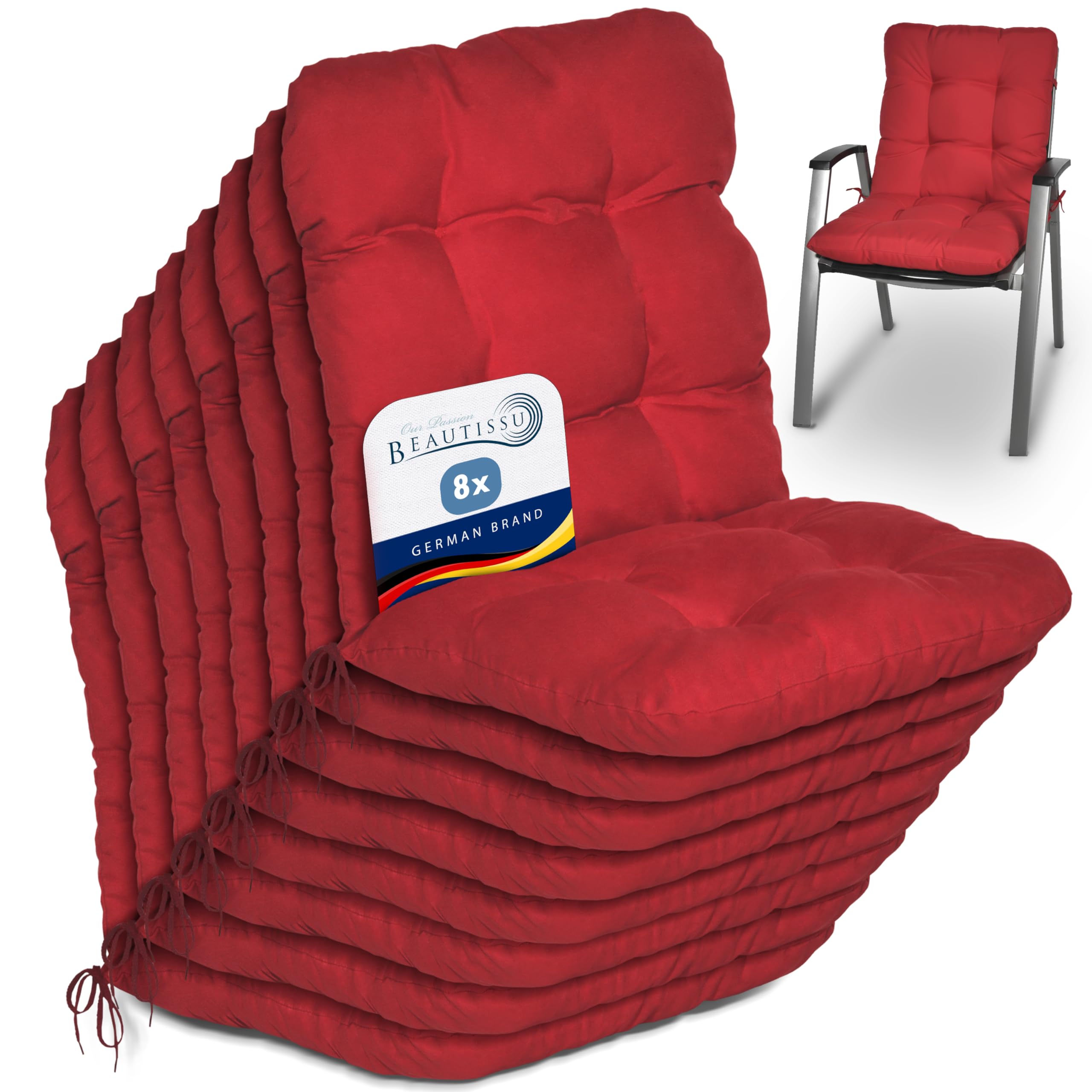 Beautissu Set of 8 Lowback Garden Chair Cushions Set 100x50x8 cm - Red Outdoor Seat Cushions for Garden Chairs with Backs Pillows for Recliner Patio Sunbed Bench - Flair NL โ image 1