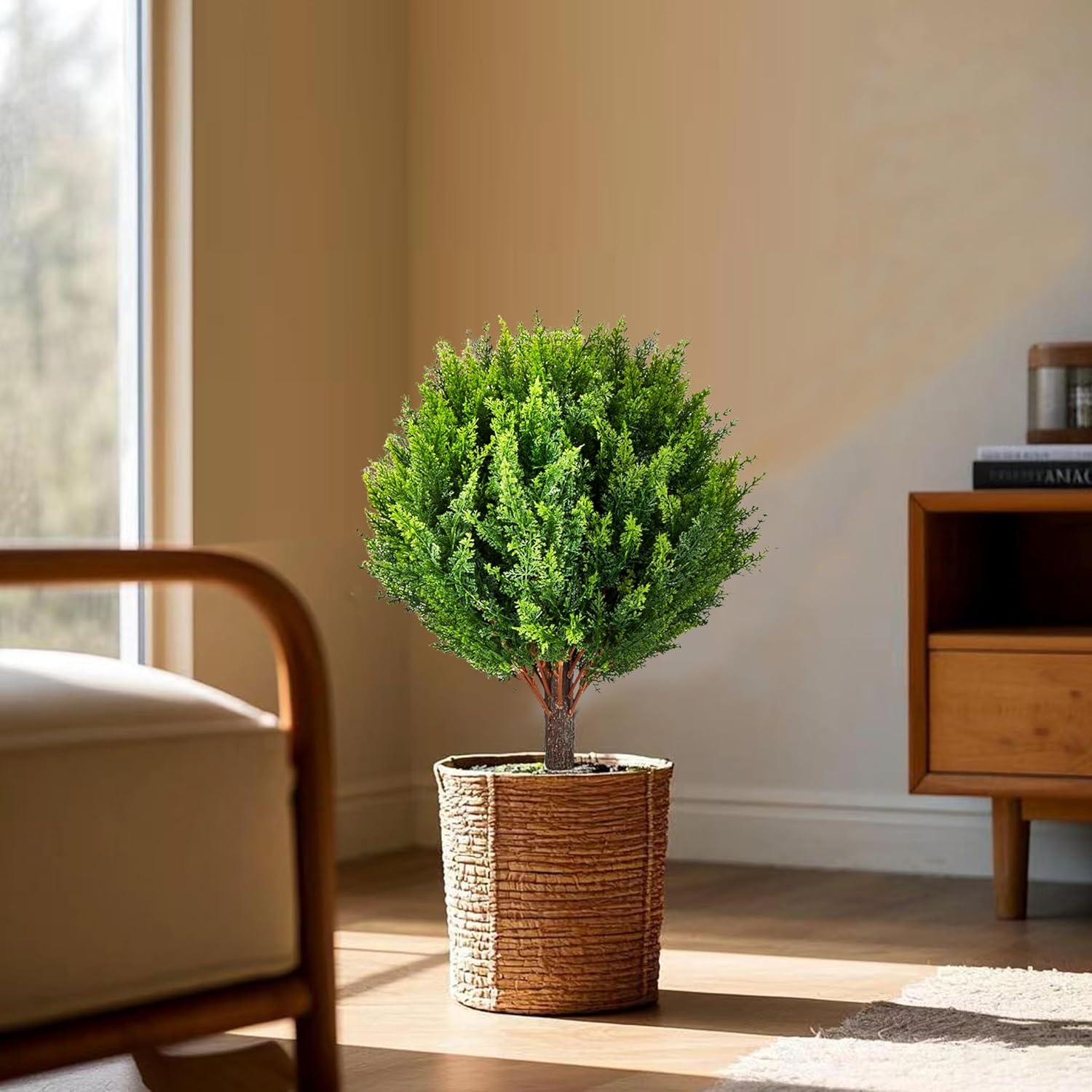 21 inch Artificial Cedar Tree Set of 2 Topiary Ball Tree Faux Cypress UV Resistant Artificial Shrubs Evergreen Plant with Ground Spike Outdoor Indoor for Home Front Porch Garden Office Decoration - Image 2