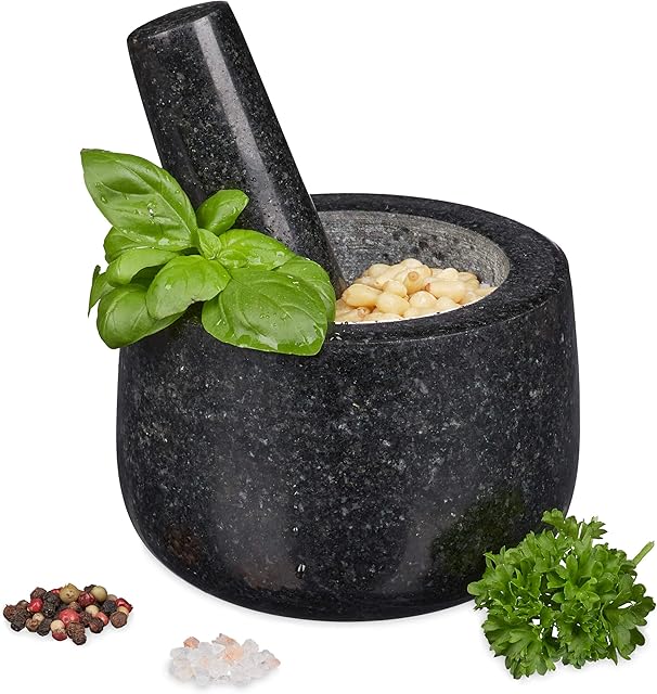 Relaxdays Moździerz granitowy z tłuczkiem, wytrzymały i trwały, przyprawy, zioła, polerowany moździerz kamienny, Ø 12 cm, 300 ml, czarny