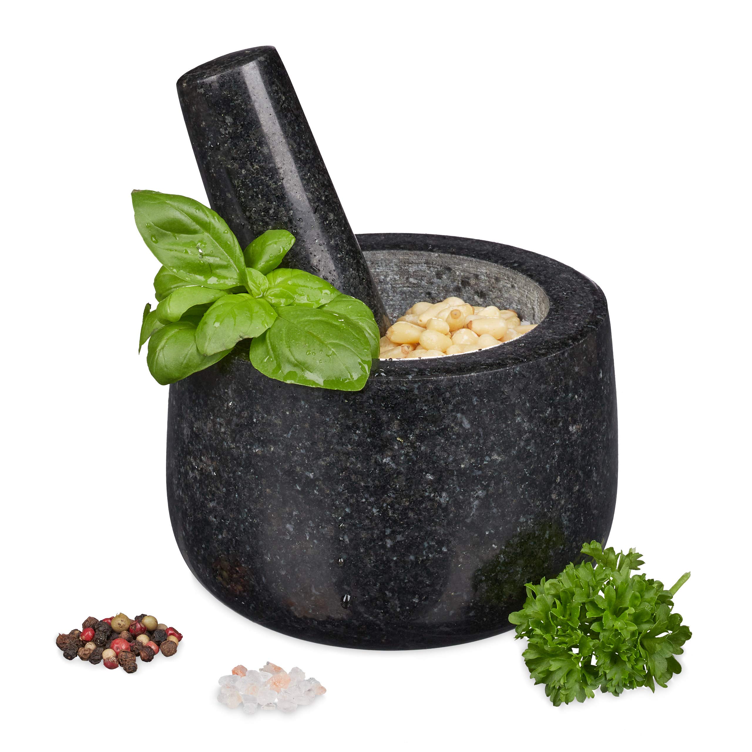 Relaxdays Mortero Granito, Maja, Robusto y Duradero, Especias, Hierbas, Triturador Piedra, Diámetro 12 cm, 300 ml, Negro