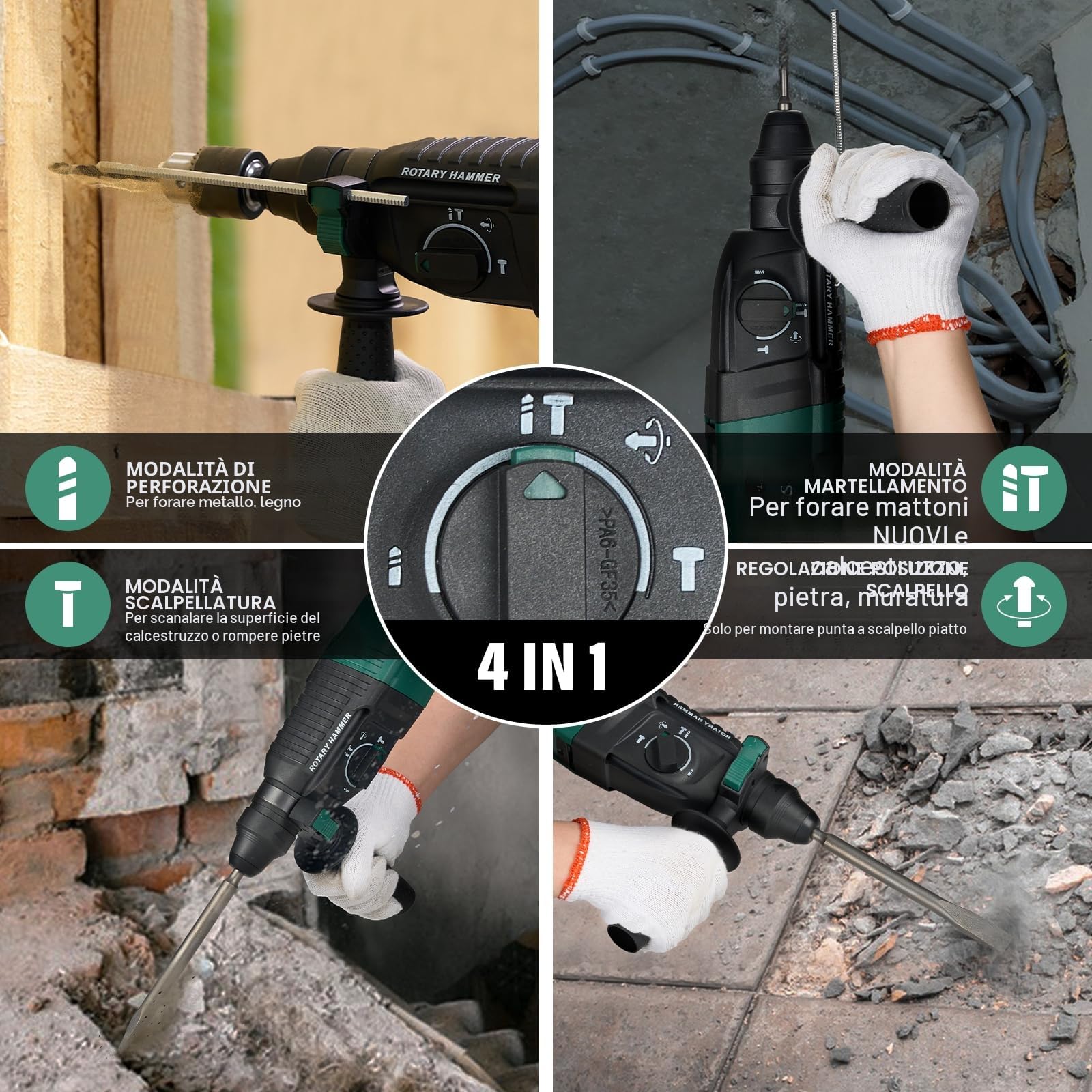 STANEW Martello Perforatore SDS Plus 950W, Martillo ligero 0-1150giri/min/5100BPM,4 funzioni e frizione di sicurezza, impugnatura girevole a 360°, velocità variabile, Calcestruzzo Acciaio, Legno