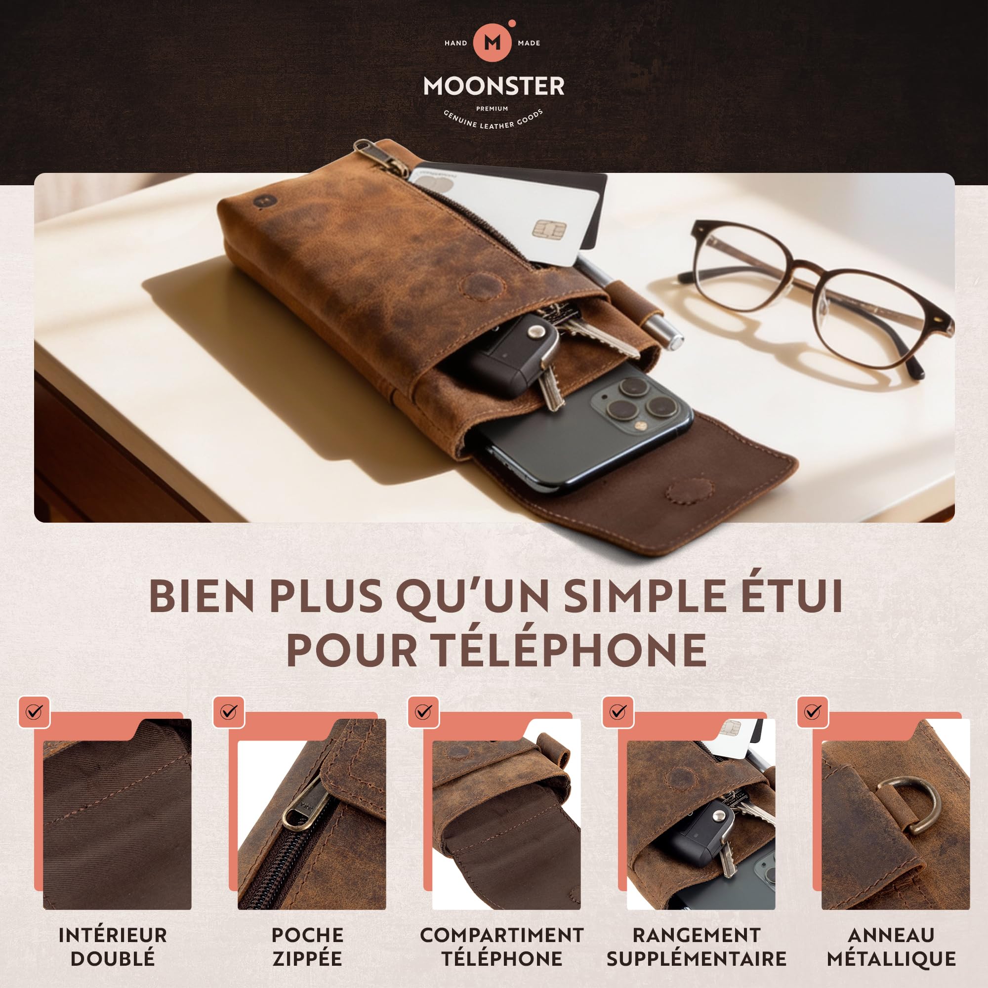 Moonster - Pochette Ceinture Téléphone Portable - Étui Téléphone en Cuir de Buffle Pleine Fleur Véritable – 18 x 9 cm - pour Smartphones de Grande Taille - Fixation Solide et Durable