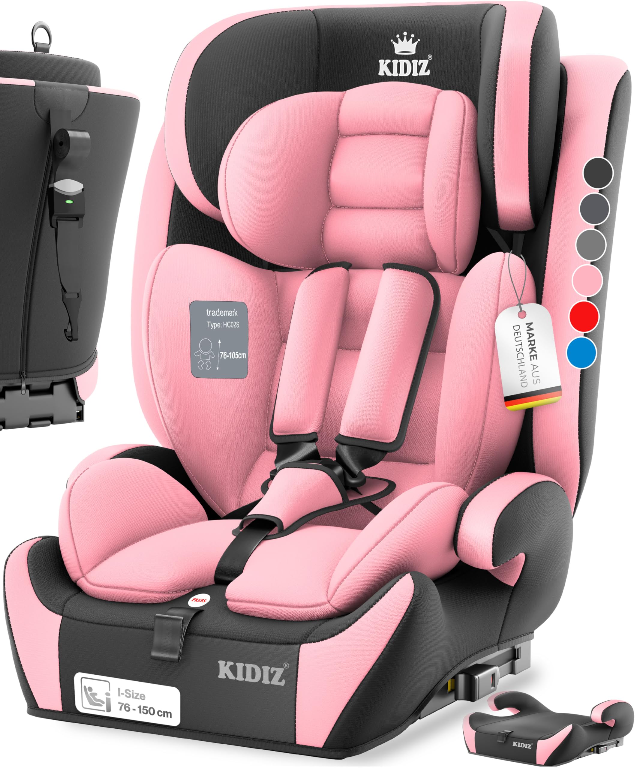 KIDIZ® Autokindersitz mit Isofix i-Size R129 100-150cm bis 12 Jahre, Kinderautositz Gruppe 1/2/3, mitwachsender Kindersitz, 5-Punkt-Gurt & höhenverstellbare Kopfstütze, Sitzerhöhung Auto, Rosa
