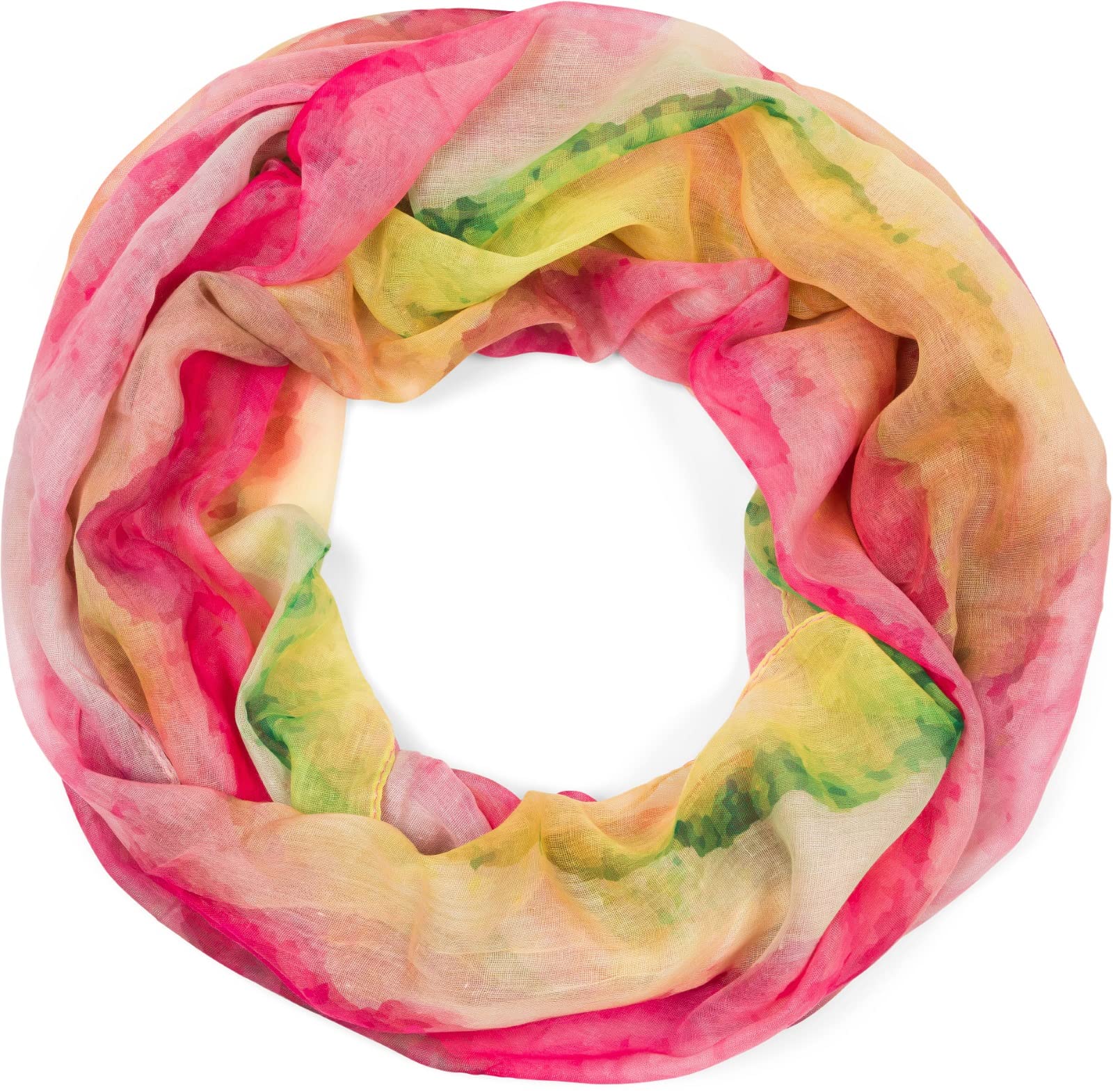 Stylebreaker Women's Yellow/Red/Green Loop Scarf With Colourful Watercolour Gradient Pattern, Lightweight Summery Tube Scarf Multi-Colou 01016220, Colour: