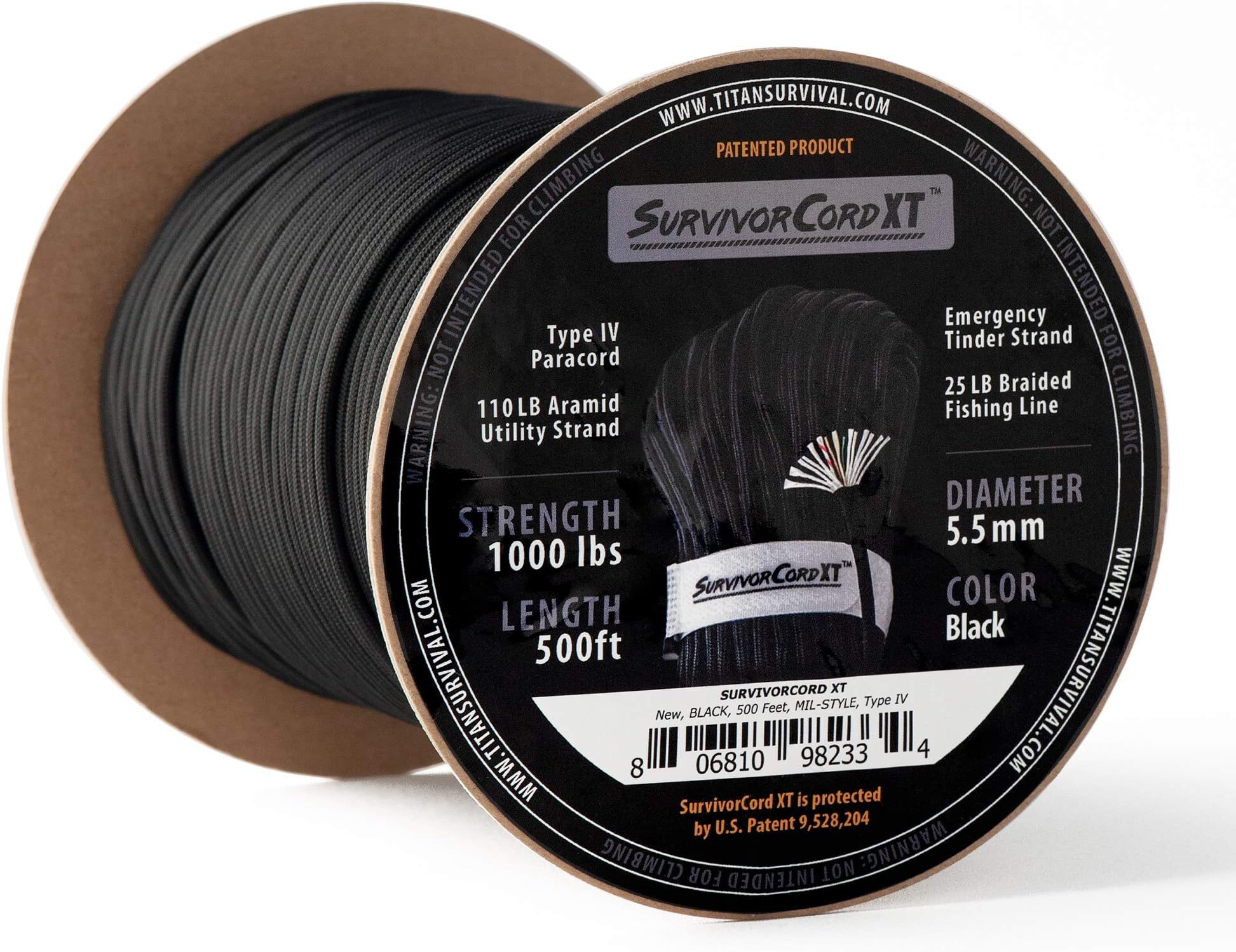 1,000 LB SurvivorCord XT Spool | 500 FEET | Patented Military Type IV 750 Paracord/Parachute Cord (7/32" Diameter) with Integrated Kevlar Thread, Braided Fishing Line, and Waterproof Fire Tinder.
