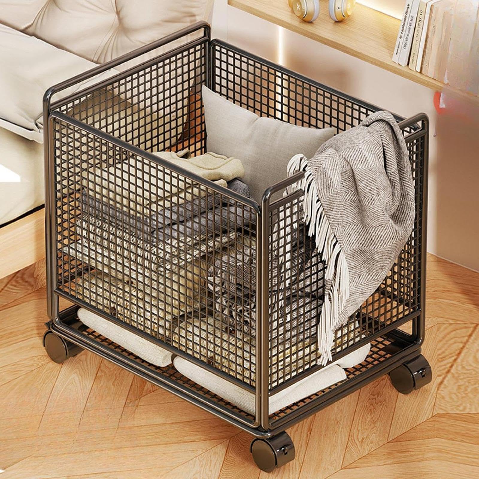 Gralara Carrello Portabiancheria Con Ruote Di 360 Gradi, Ceste per La Biancheria in Ferro, Organizzazione Lavanderia per Letto, Bagno, Lavanderia, Dormitorio, Appartamento, Nero, M