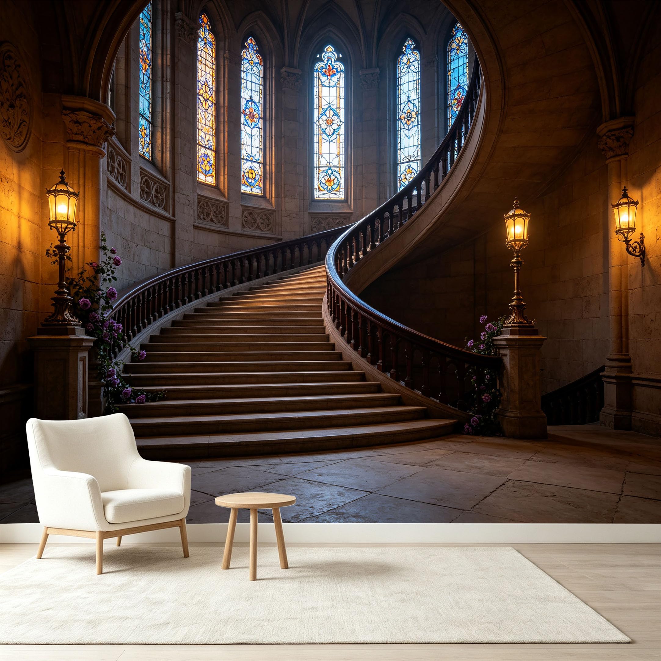 Custom Size Wall Murals Gothic Cathedral Spiral Staircase Stained Glass Lanterns 3D Trompe L'Oeil Self-Adhesive Wall Fabric Removable Wallpaper Wall Decor for Living Room Bedroom Bathroom