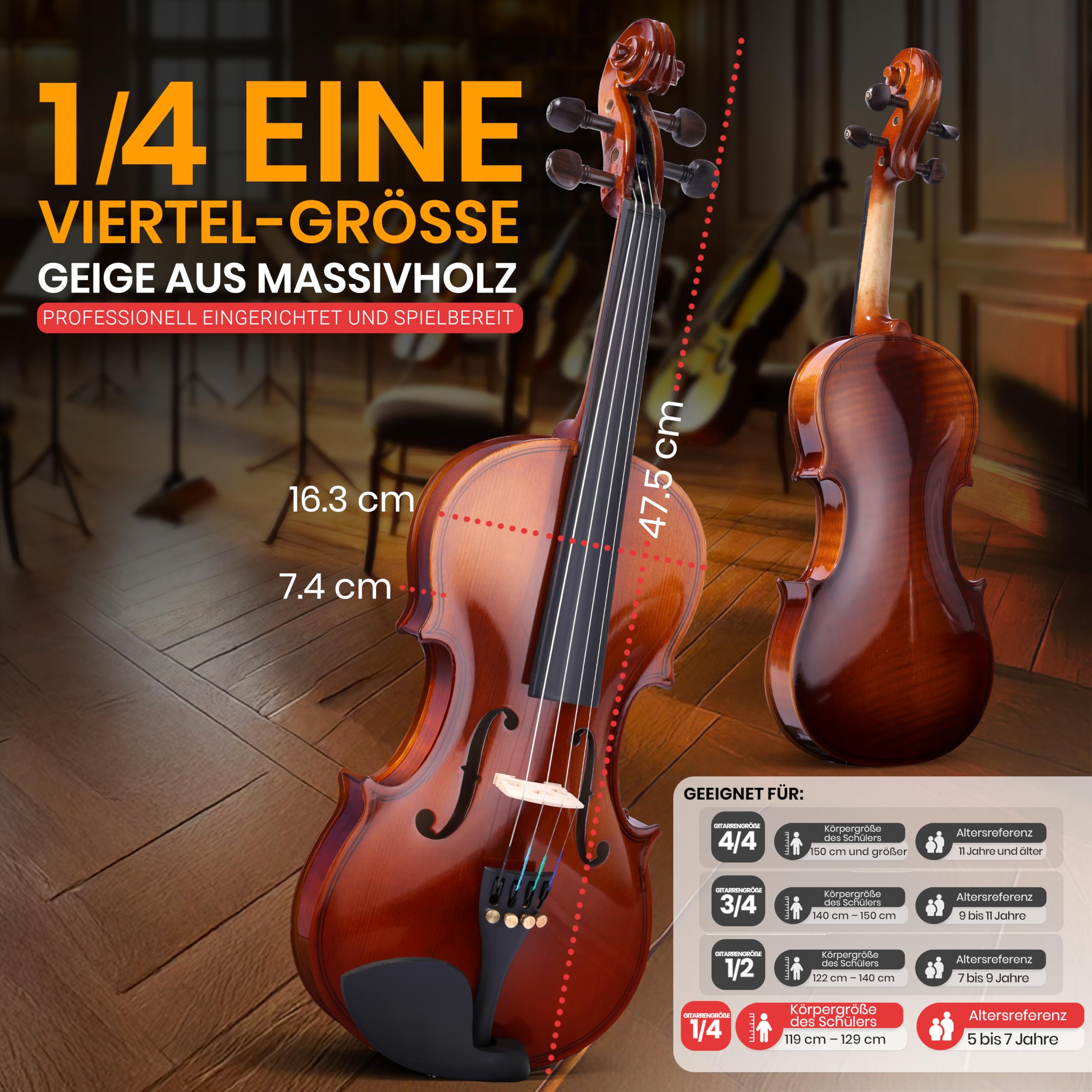 Pyle Violine Set Größe 1/4 – Leichtes Streichinstrument mit hochwertigem Holzfurnier – Geige mit Zubehör inkl. Geigenkoffer, Kolophonium, Violine Stimmgerät, Ersatzsaiten & Bogen – für Kinder ab 5