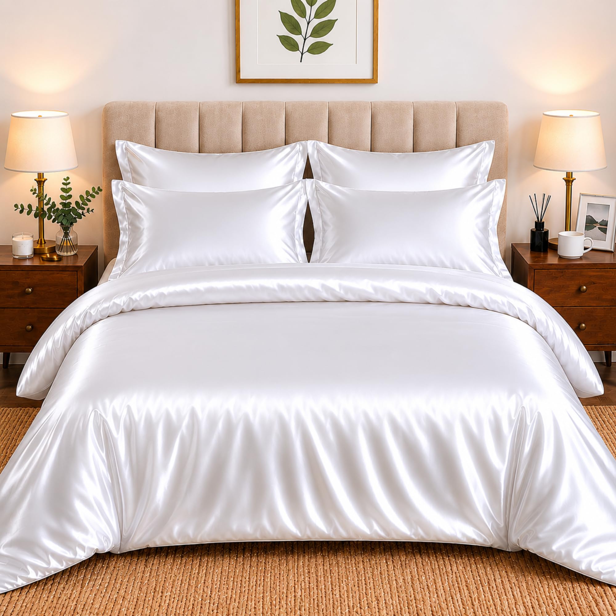 CHARKHAH Satin Silk 6 Piece Complete Bedding Set Durable Silky Fabric with Single Double King Size Bed Fitted Sheet Duvet Cover Comforter and 4 Pillow Cases (White, Single) — image 1