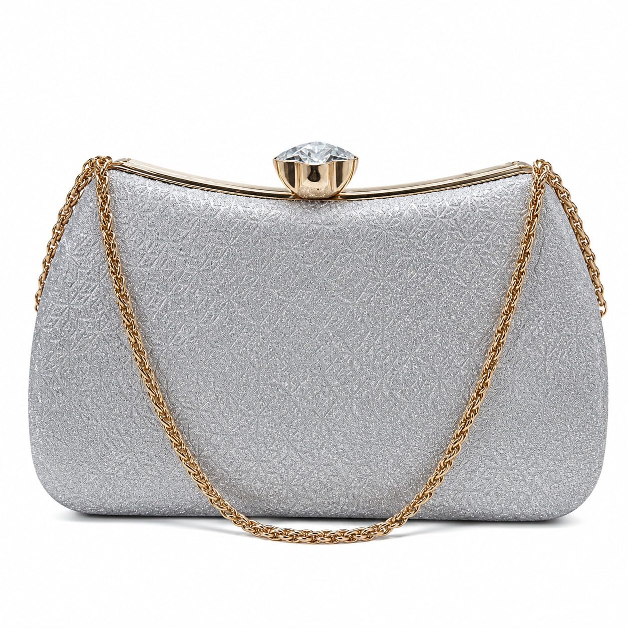 Women Metallic Evening Clutch Bag with Chain Strap, Textured Hard Case Purse, Elegant Party Handbag for Wedding, Festive & Cocktail Use – Silver-image-29