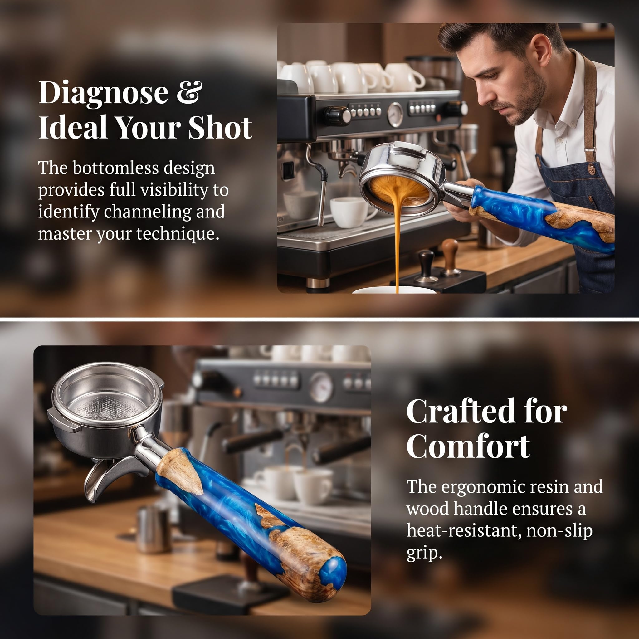 Portafiltro sin fondo E61, portafiltro de café de acero inoxidable de 18 g con mango de madera de resina, accesorio profesional para máquina de café espresso para baristas domésticos y cafeterías