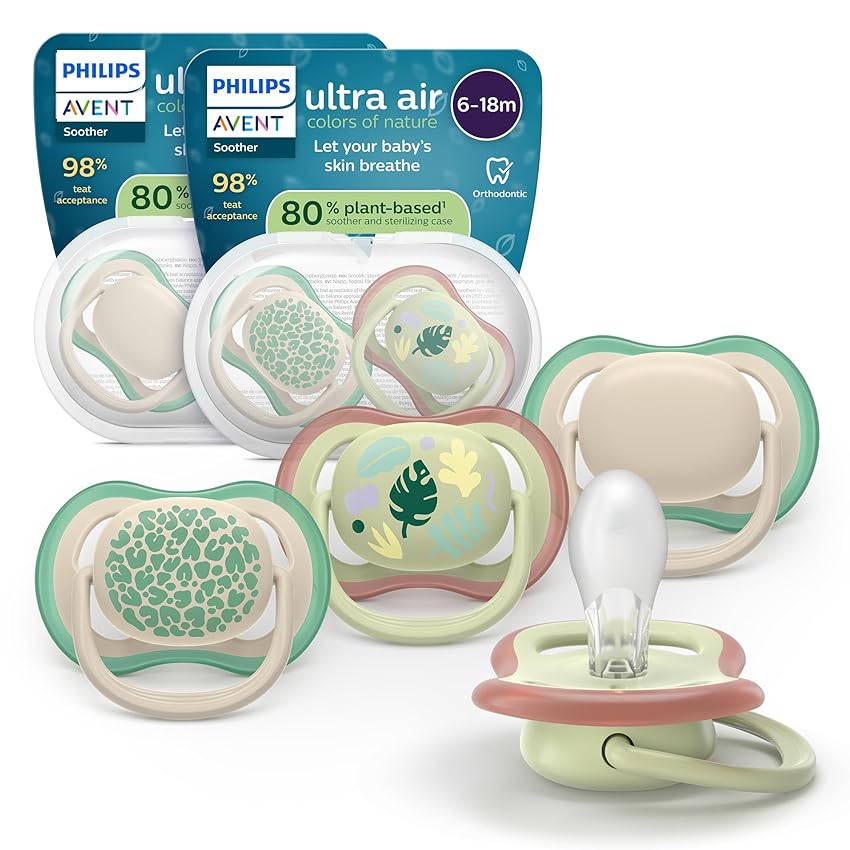 Philips Avent Ultra Start Pacifiers - Design ortodontico, per neonati 6-18 mesi, tettarella simmetrica in morbido silicone, senza BPA, 2 custodie per la sterilizzazione, confezione da 4, SCF087/26