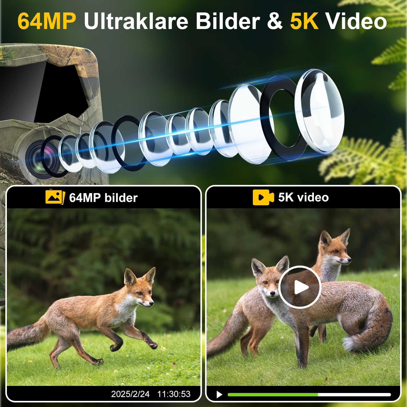 Lutranstra 5K Wildkamera WLAN 64MP Full HD Infrarot Wildtierkamera Bewegungssensor Nachtsicht IP66