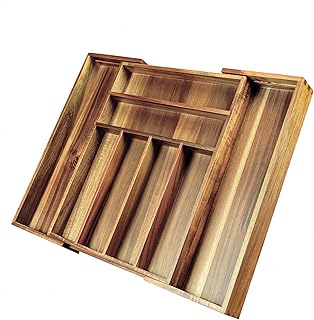 Acacia Wood Expandable Silverware Organizer, Kitchen Utensil Drawer Organizer for Forks & Spoons, 8-Compartment Cutlery Tray, Flatware Holder