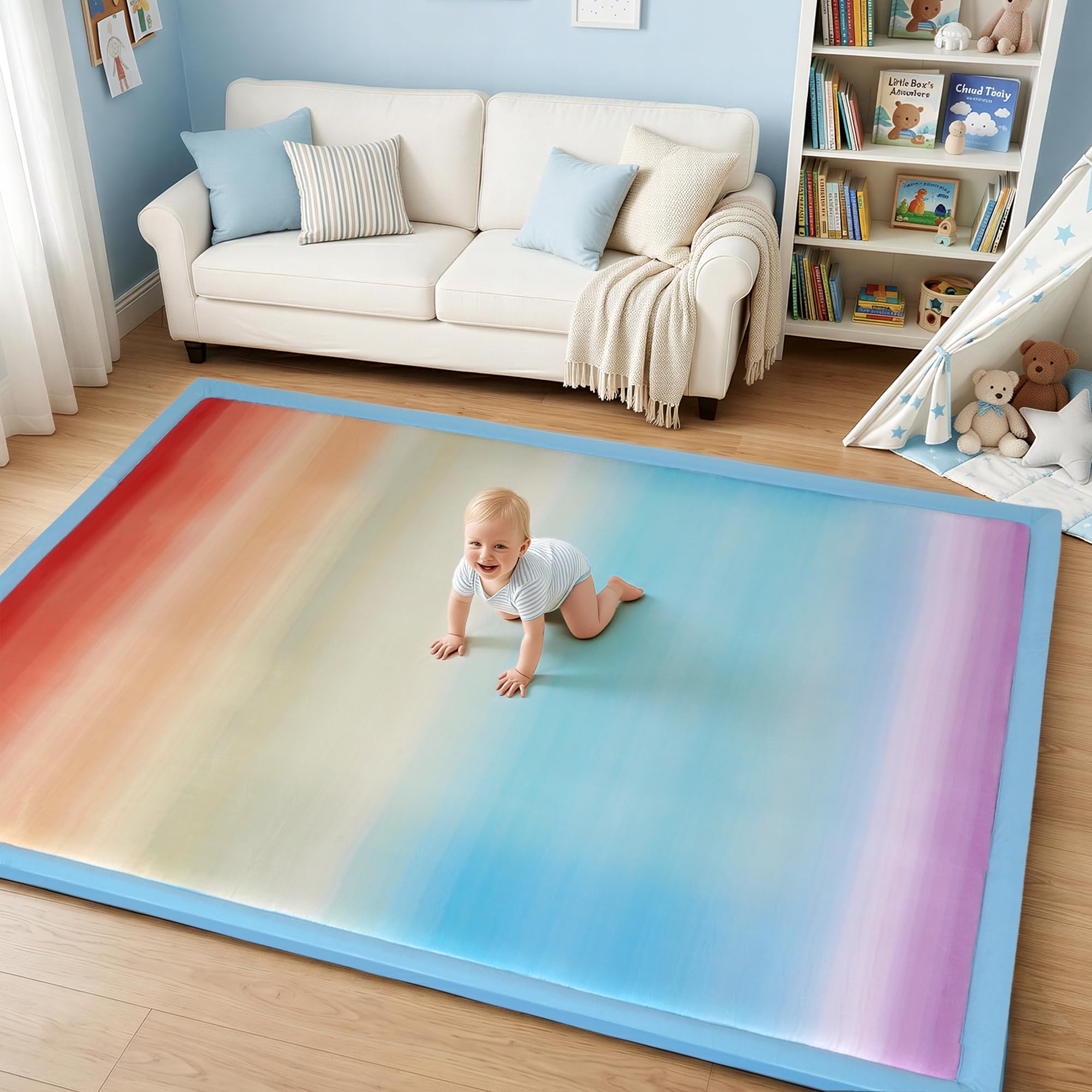 jxgzyy Krabbelmatte Baby 150x200x3 cm, Dicker Memory-Schaum Mit Rutschfestem Rücken, Superweicher Künstlicher Samt Spielmatte Baby für Den Boden, Bunte Teppich Kinderzimmer In Regenbogenfarbe