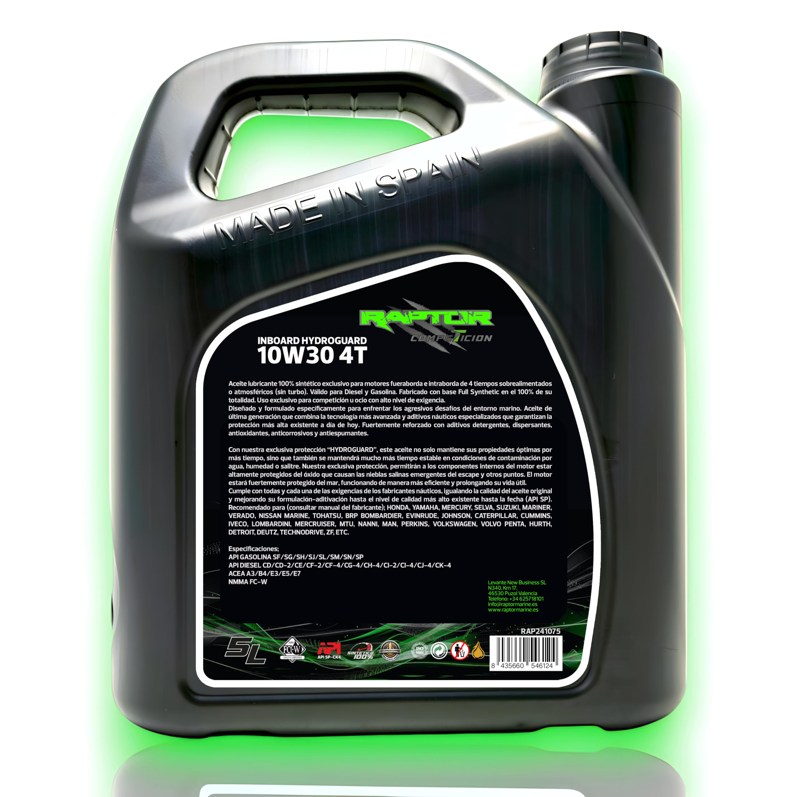 Raptor Marine - Aceite Motor Marino 10W30 100% Sintético Hydroguard | 5L | Fueraborda e Intraborda 4T | Gasolina y Diésel | Anticorrosión | NMMA FC-W, API SP