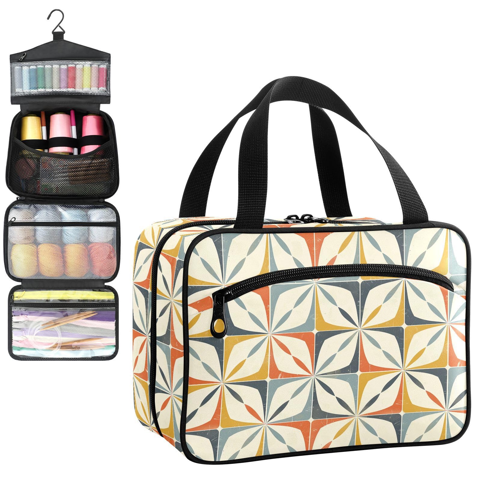 YNNALE Sewing Supply Organizer Bag, Geometric Mid Century Patterned Portable Sewing Bags with Pockets&Hanger, Sewing Storage Box Case for Sew Supplies/Kit/Tools/Accessories (BAG ONLY)