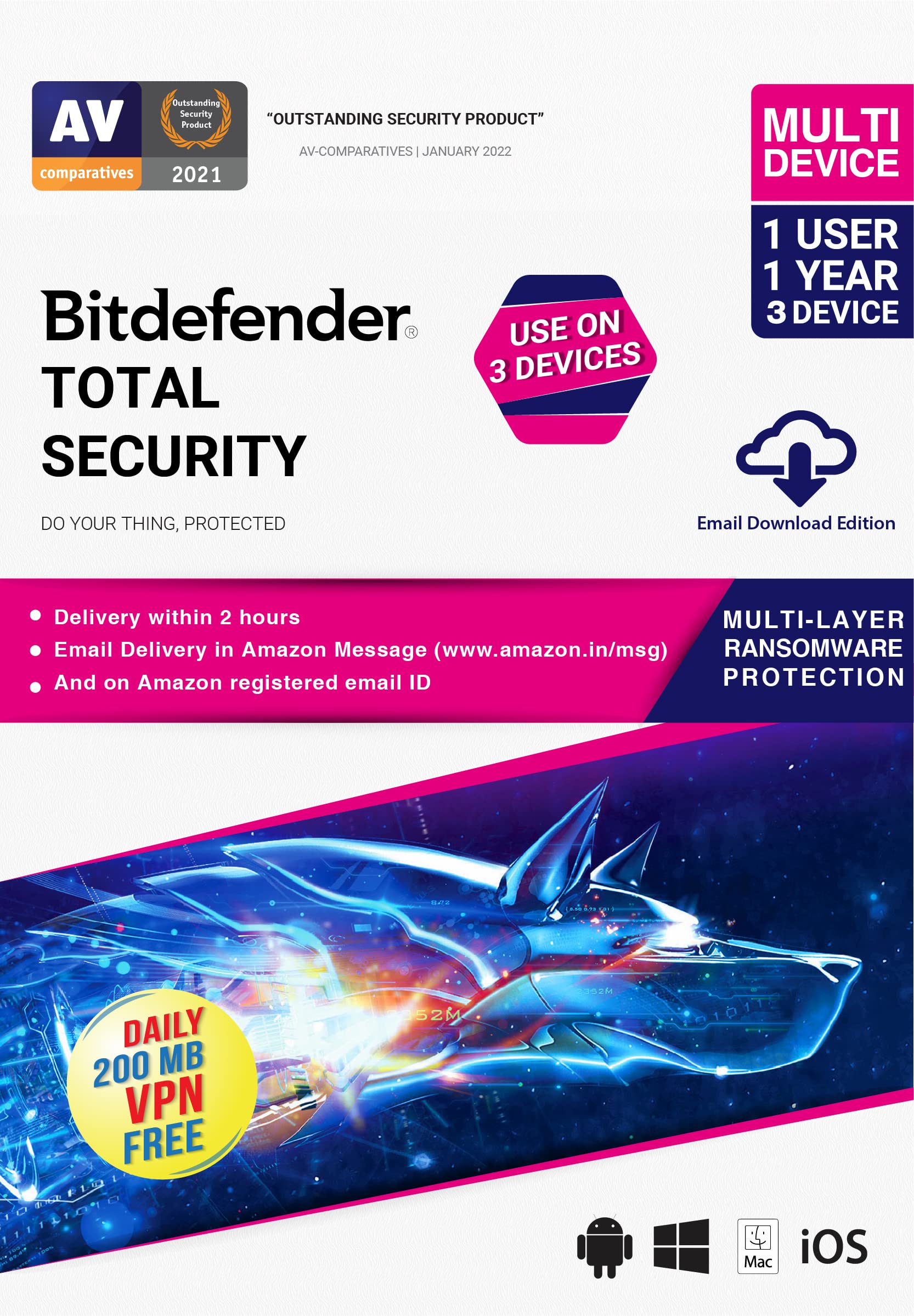 Bitdefender 1 User, 1 Year, 3 Device - Total Security | Windows | Mac | Android | iOS | Latest Version | - [Email Delivery in 2 hours - No CD] (B0BBVWFHND) Amazon Price History, Amazon Price Tracker