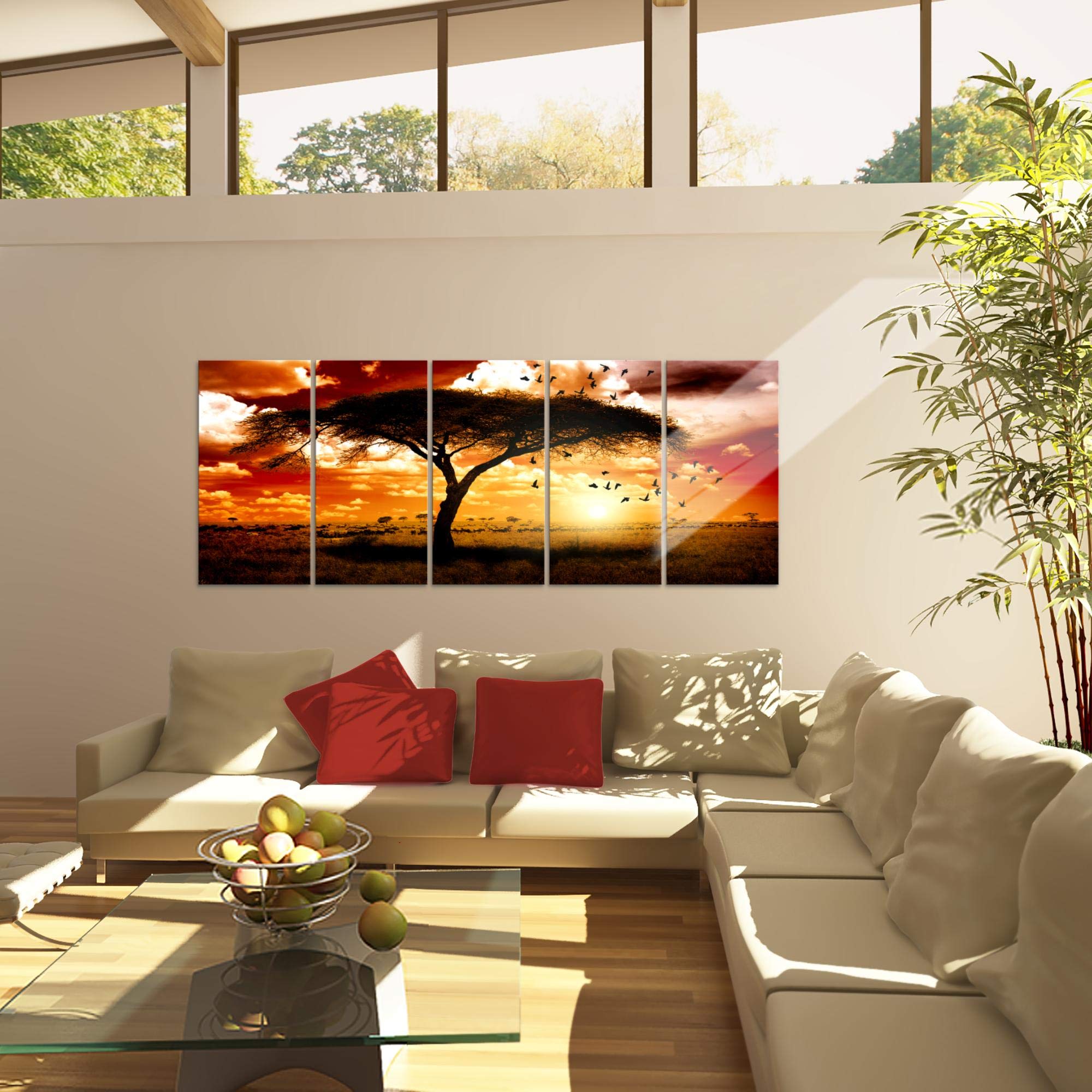 Runa Art Wandbild XXL Afrika Sonnenuntergang Wohnzimmer Schlafzimmer 200 x 80 cm Orange 5 Teilig - Made in Germany - 001555c