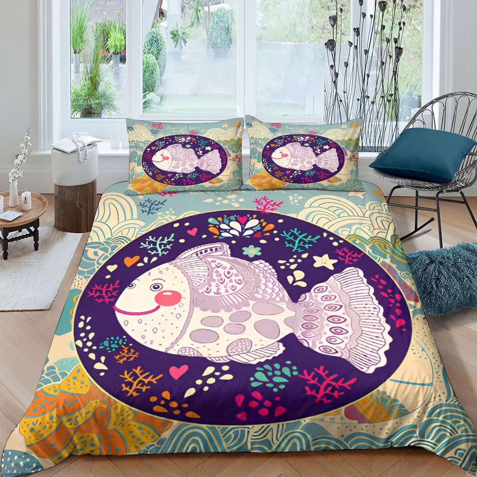Housse de couette microfibre King imprimé poisson tête-de-boule