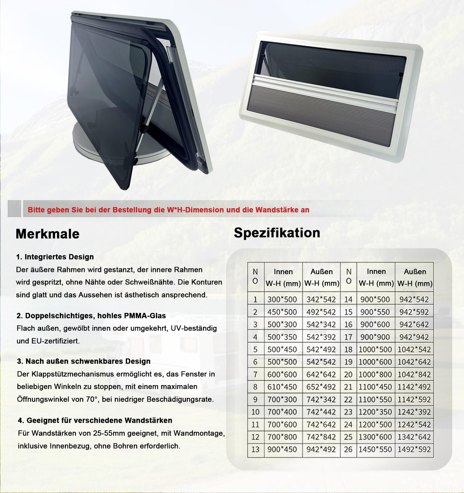 Wohnwagen Fenster Wohnmobil Fenster - Ausstellfenster Camper Wohnmobilfenster Externes Push Fenster mit Integriertem Rollo und Fliegengitter für Alle Arten von Fahrzeugen (900x450mm)