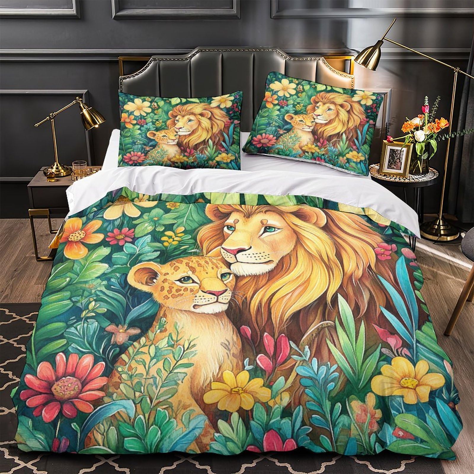 Housse de couette Lion 3D microfibre 260x220 cm avec 2 taies d'oreiller