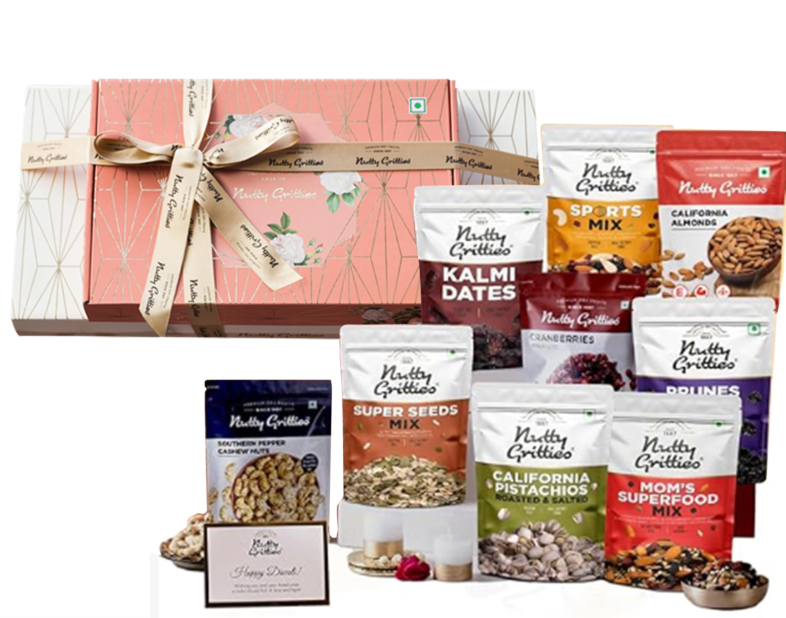 Nutty Gritties Hamper Premium Dry Fruits Gift Box - 2.1kg | Candle Pack of 2 | Sports Mix, Moms Superfoods Mix, Kalmi Dates, Southern Pepper Cashews, California Almonds, US Cranberries, Prunes, Roasted Pistachios, Super Seeds Mix, | Healthy Gourmet S (B08L7XNCL3) Amazon Price History, Amazon Price Tracker