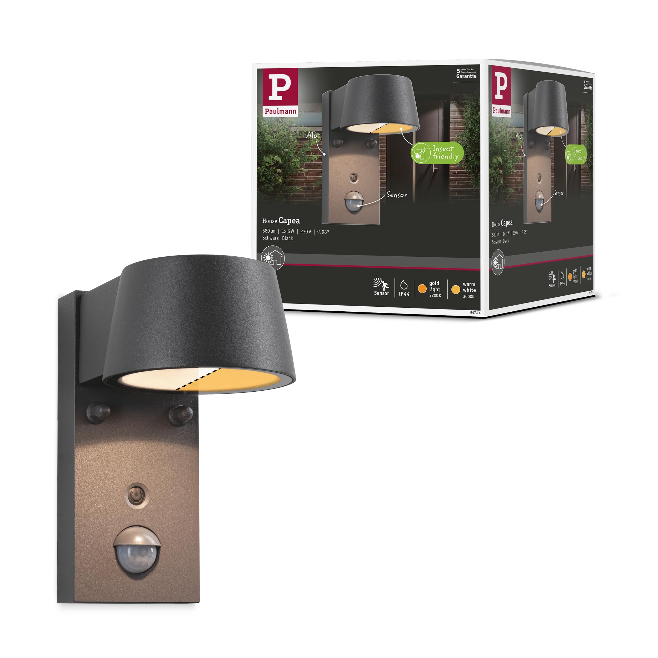Paulmann 94714 LED wall luminaire Capea motion sensor insect-friendly IP44 96x153mm Tunable Warm 6W 450lm 98° Black