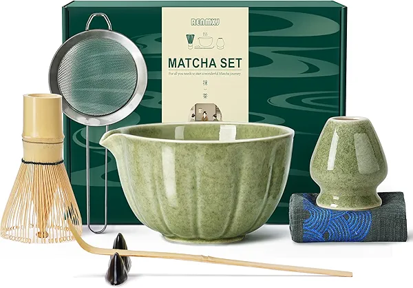 Renmxj Matcha Whisk Set,7 PCS Ceramic Matcha Kit Includes Matcha Bowl with Spout, Matcha Whisk and Holder, Bamboo Scoop, Stainless Sifter, Towel, Unique Gift for Matcha Lovers (Mottled Green)