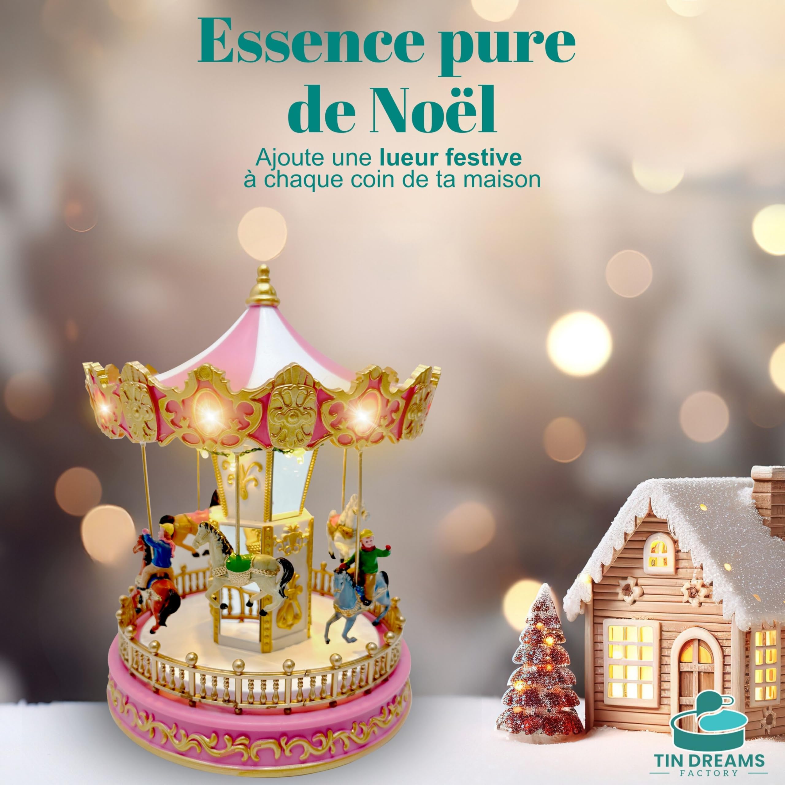 TIN Dreams | Petit Carrousel de Noël avec Mouvement, Musique et Lumières LED | Manège Musical | Village de Noël, Petite Ville, Miniature Christmas, Scène Animée Illuminée | Décoration Intérieur