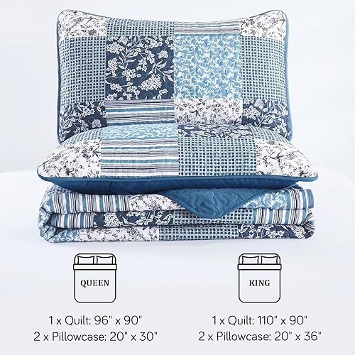 Vista 20 de Mybedsoul - Juego de edredón floral a cuadros color azul aguamarina de 3 piezas tamaño King, bohemio, de microfibra ligera, para todas