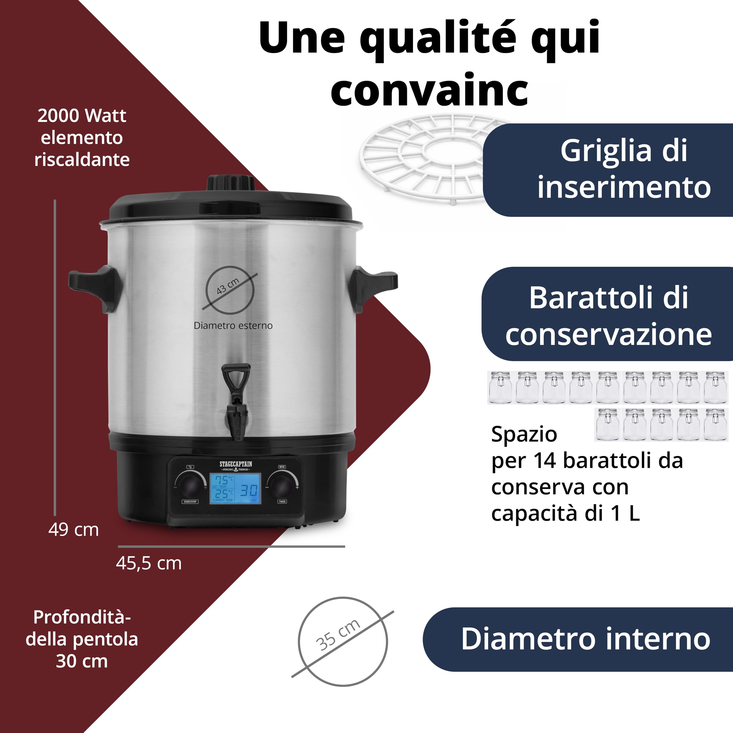 Stagecaptain GWK27D Scaldavino 27 L per vin brulé, bevande calde, marmellate, frutta e zuppe — 2000 W, acciaio inox, regolatore temperatura, timer, spegnimento automatico, display LCD