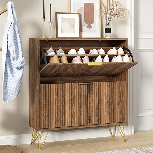 Miniatura 12 de Armario de almacenamiento de zapatos con 2 cajones abatibles, gabinete de zapatos estriado de 31.5 pulgadas de ancho para entrada, almacenamiento