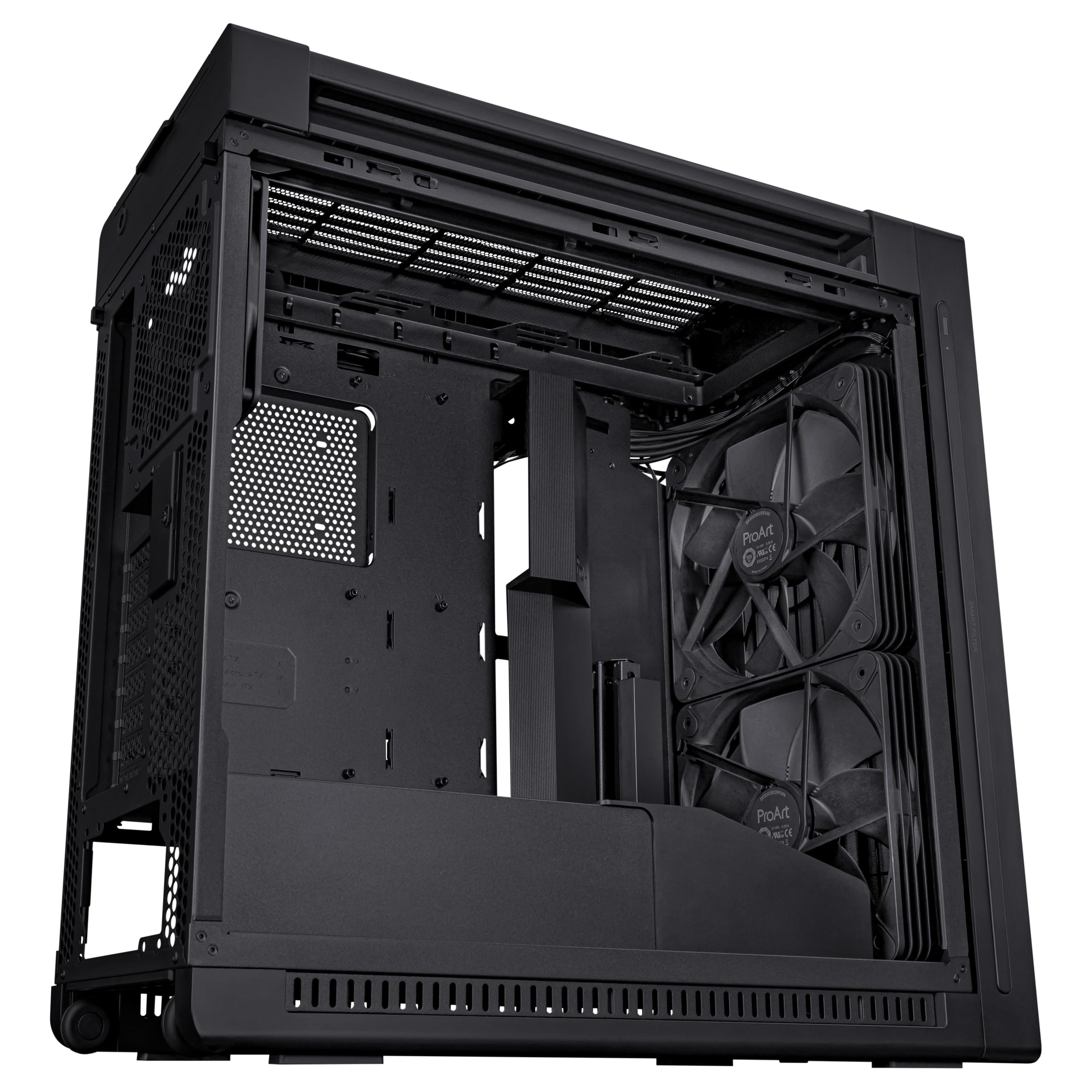ASUS PROART PA602 TG PWM BLACK Case Gaming E-ATX, obudowa ze szkła hartowanego, uchwyt do radiatora 420 mm, wentylatory 140 mm i 200 mm, czujnik pyłu na podczerwień, boczny wylot powietrza, czarny