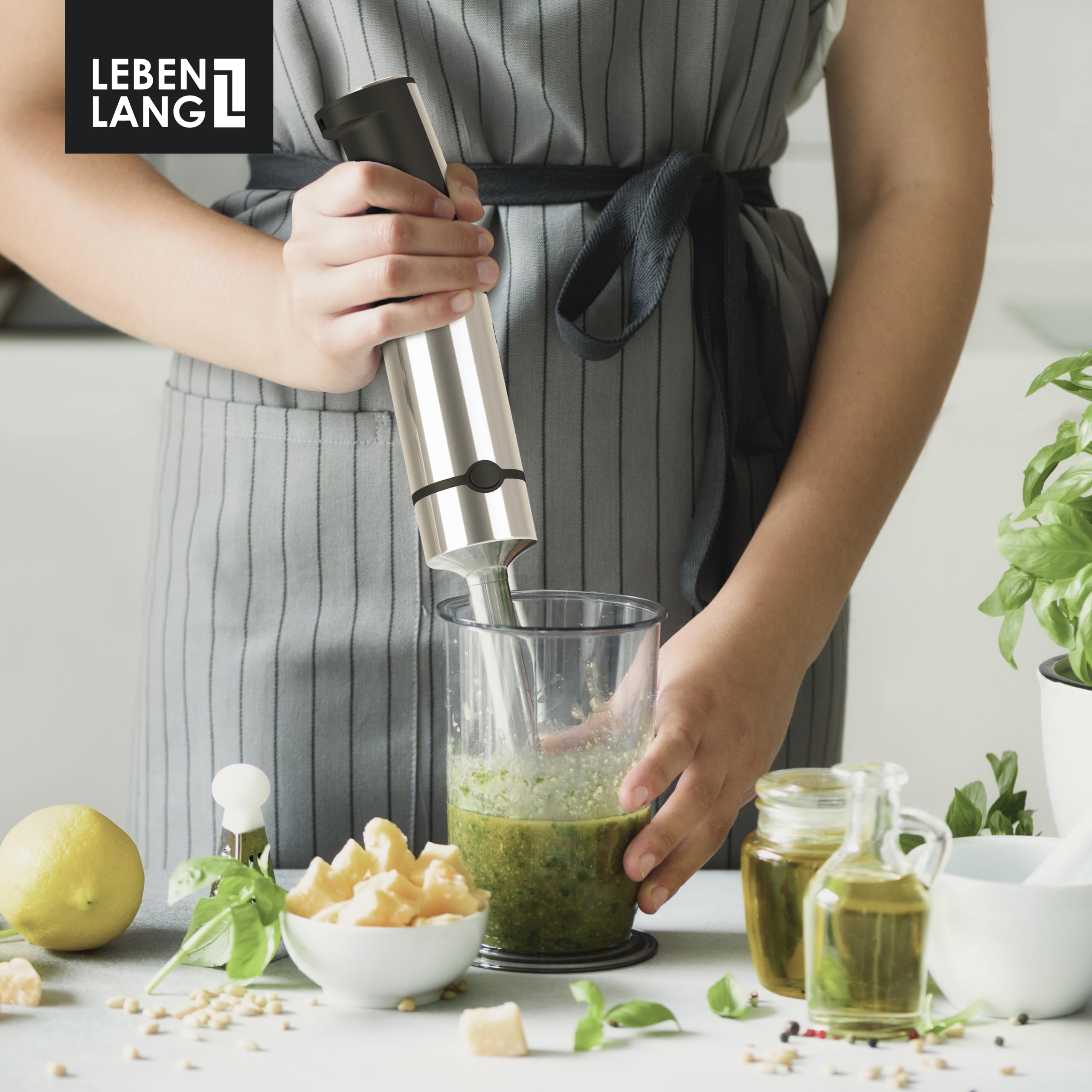 LEBENLANG Mixeur plongeant 1500W Acier inoxydable - Gobelet doseur 800ml & protection anti-éclaboussures I Réglable en continu & Turbo I Blender mixeur Mixer plongeur cuisine Mixeurs plongeants soupe