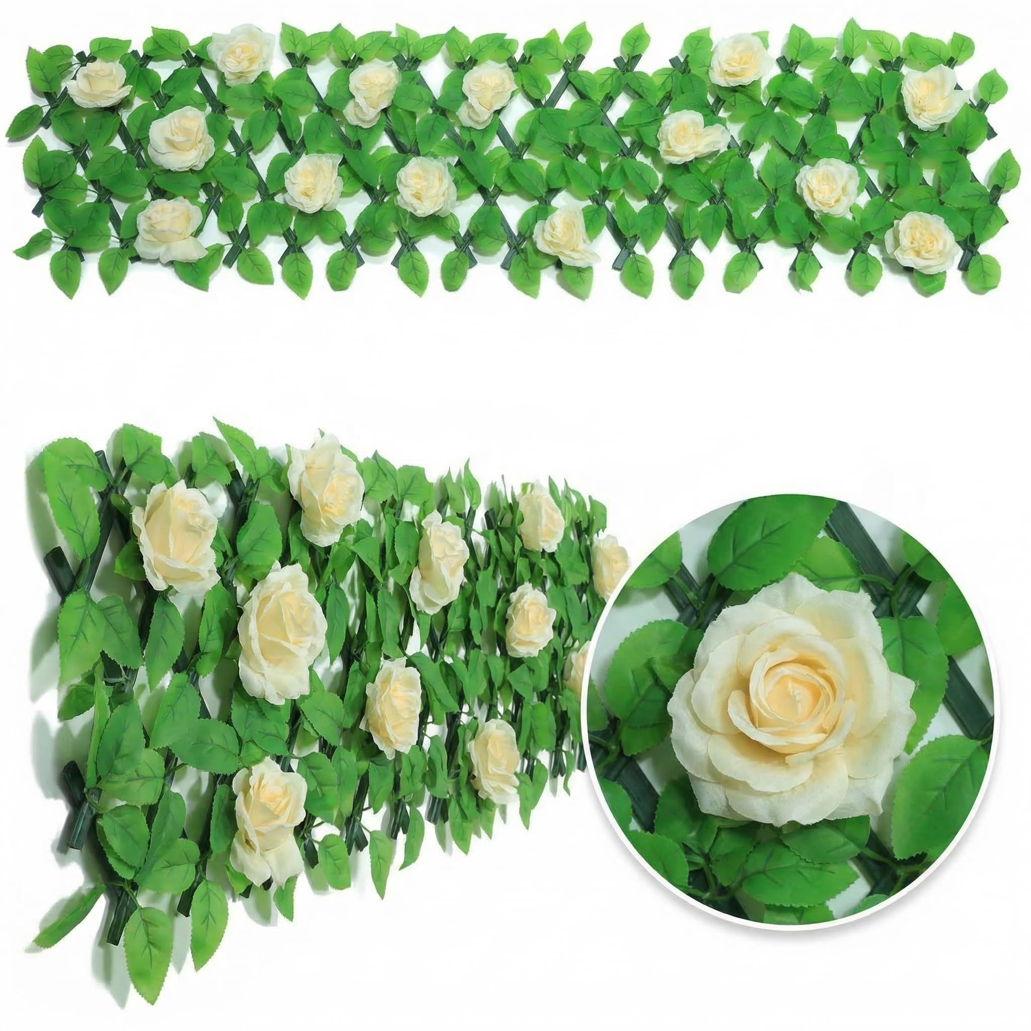 Expanding Garden Trellis Panels Expandable Garden Fence Screening with Flower | Expandable Fence Privacy Screen | Faux Ivy Privacy Screen | Garden Greenery | Balcony - 200x30cm (Champagne) โ image 1
