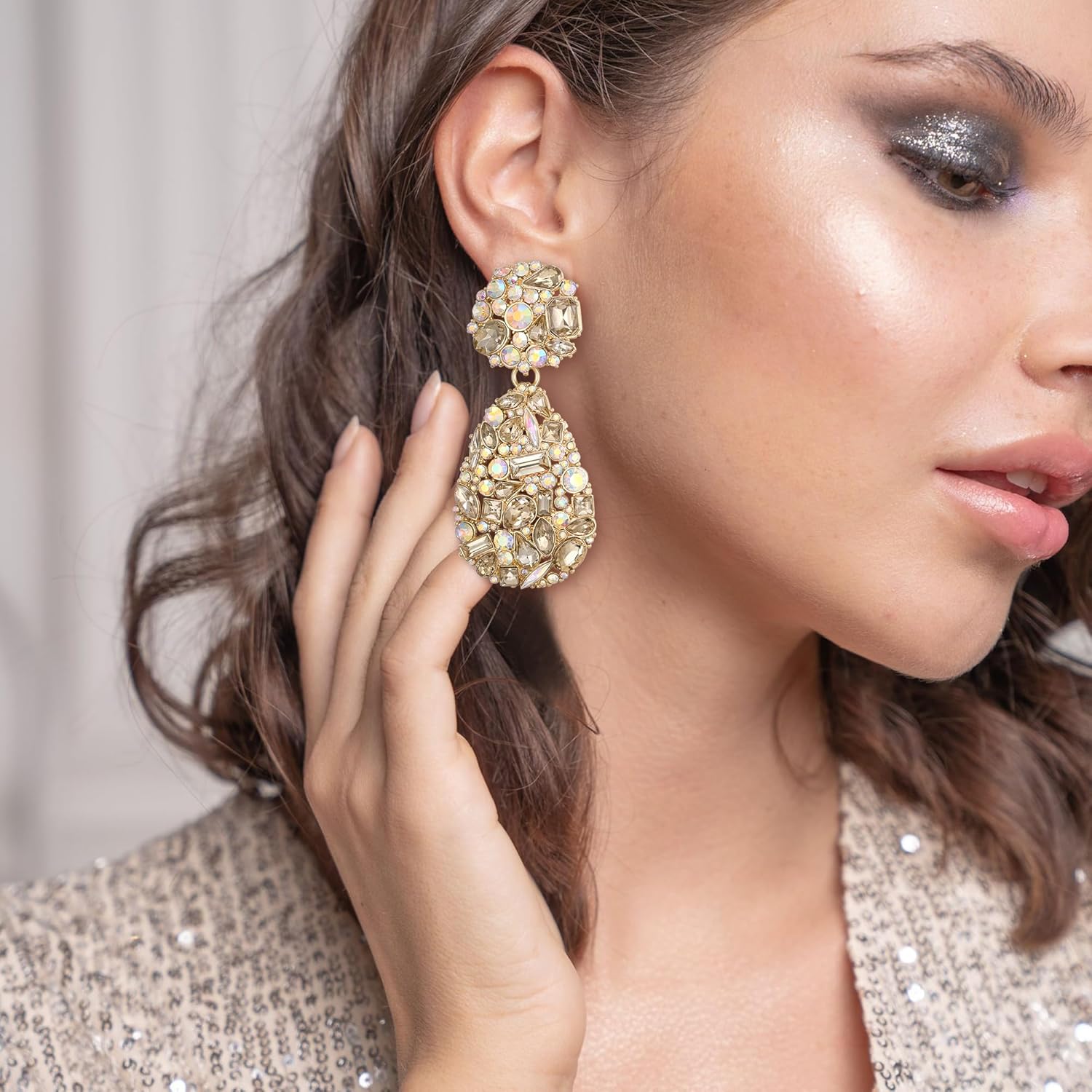 EVER FAITH Glamour Rhinestone Statement Earrings, Fashion Chic Art Deco Sparkly Marquise Water Drop Crystal Dangle Pierced Earrings for Women - Image 3