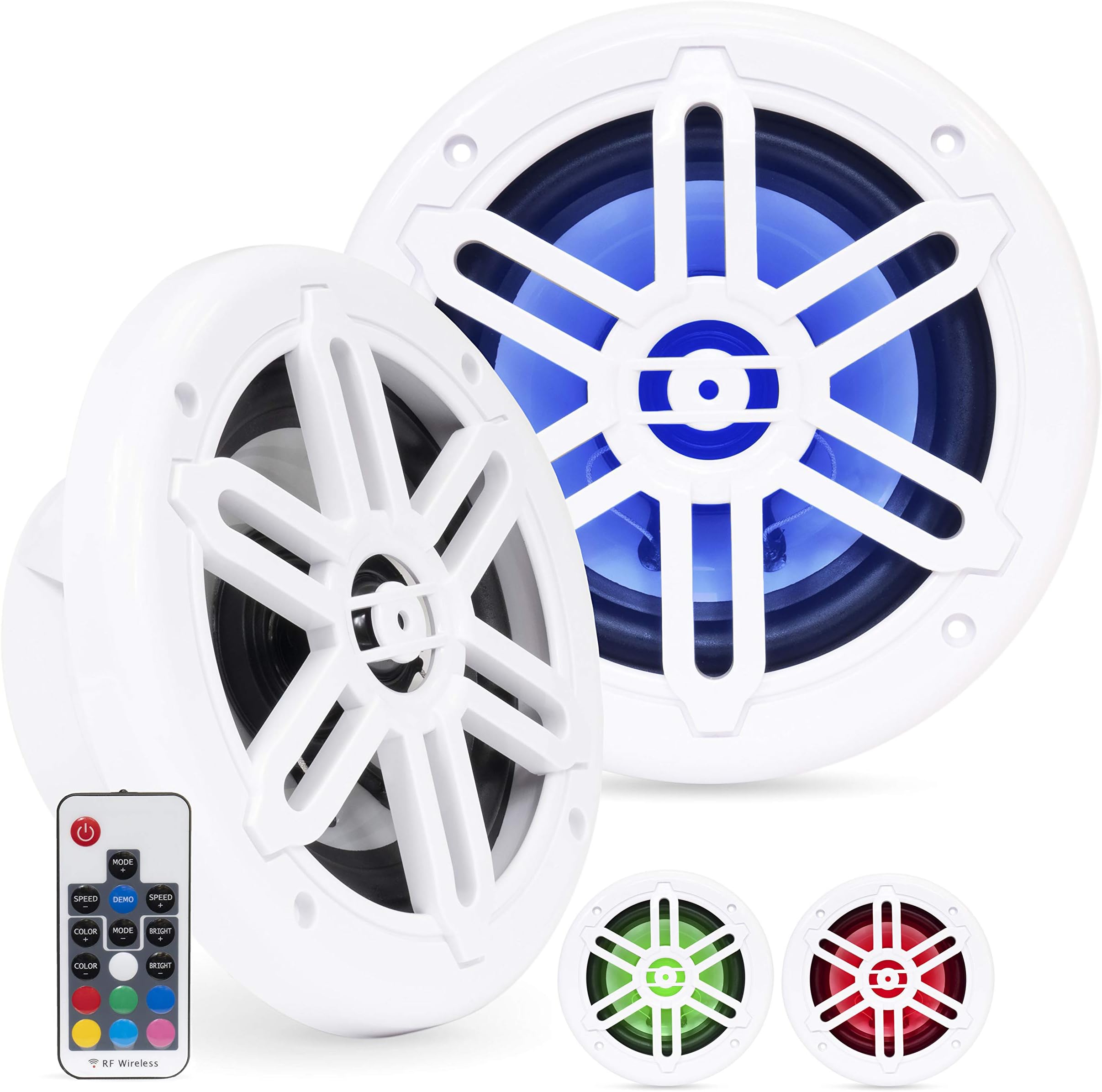BELVA BMRGBWH 500W Peak (250W RMS) 6.5" 2-Way White Coaxial Marine Speakers with Multi-Color LED Lighting for Boats/ATV/UTV/SxS/Powersport