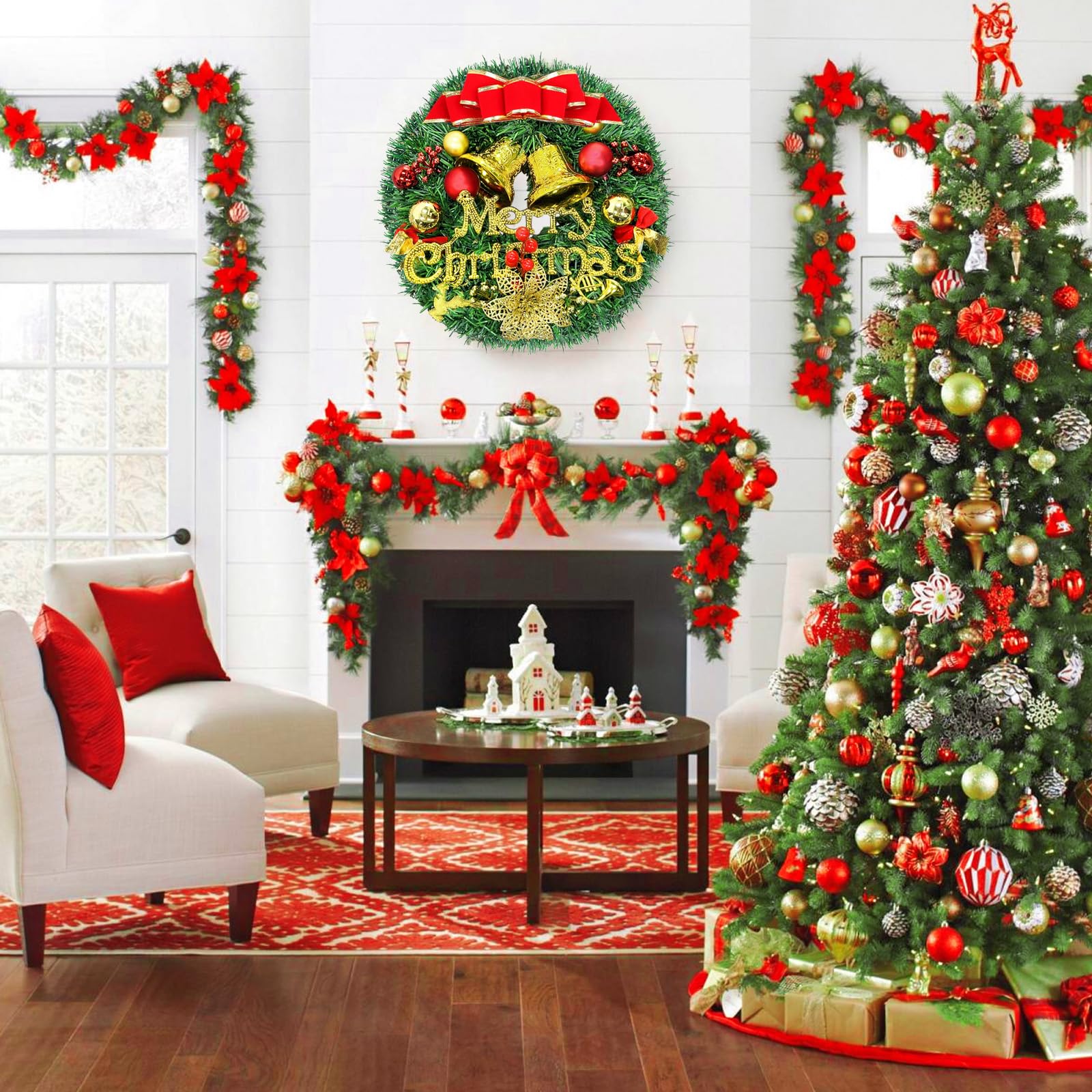 Couronne De Noël Porte 56 Cm - Grand Modèle Vert Sapin Avec Décorations Naturelles - Pour Porte, Cheminée, Fenêtre Ou Table