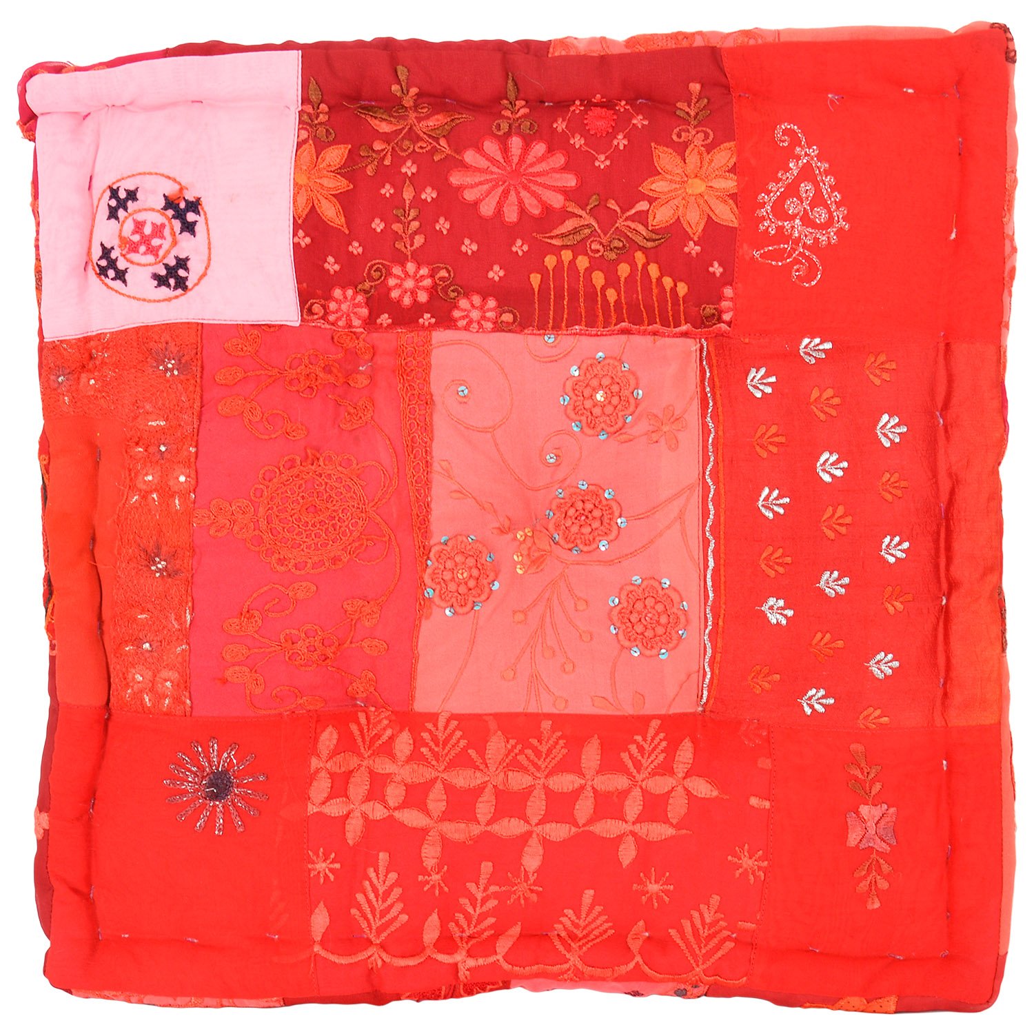 Chic & Comfort My Home MY Life.... Life…. Aditi Impex Handicrafts Asorted Embroidery Petch Work Square Yoga Gaddi (40 cm x 40 cm x 10 cm) Red