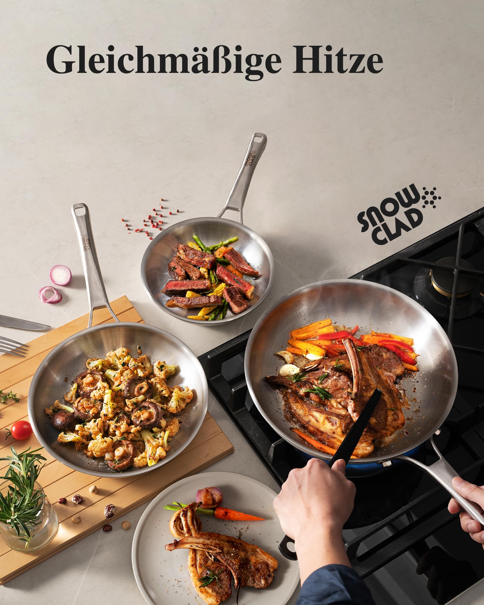 SNOWCLAD 2026 Neues Modell Edelstahlpfanne Set 3-teilig 20+24+28cm, Edelstahlpfanne unbeschichtet, Pfanne Induktion, Universalpfanne, Alle Herdarten Geeignet, Ofen- und Spülmaschinenfest, PFOA-freie