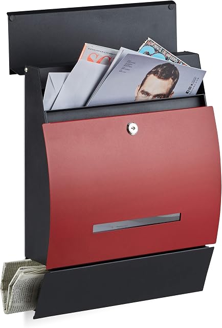 Relaxdays Design Letterbox with Newspaper Slot, Powdercoated, HxWxD: 45 x 35 x 11 cm, Wall-Mount Mailbox, Black-Red