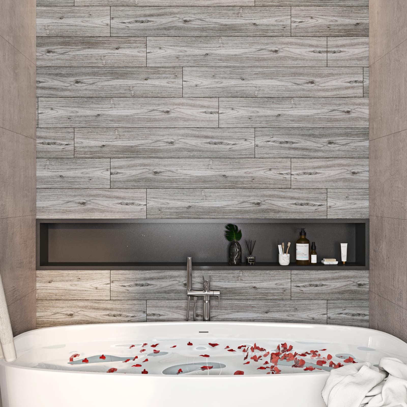 Livelynine Dalle PVC Adhesive Sol Effet Bois Gris 32 Dalles Lino Sol Rouleau Effet Parquet Adhesif Sols Chambre 90x15CM Lavable Lame PVC Adhesive Cuisine Corridor Revetement Mural Bois Salle de Bain